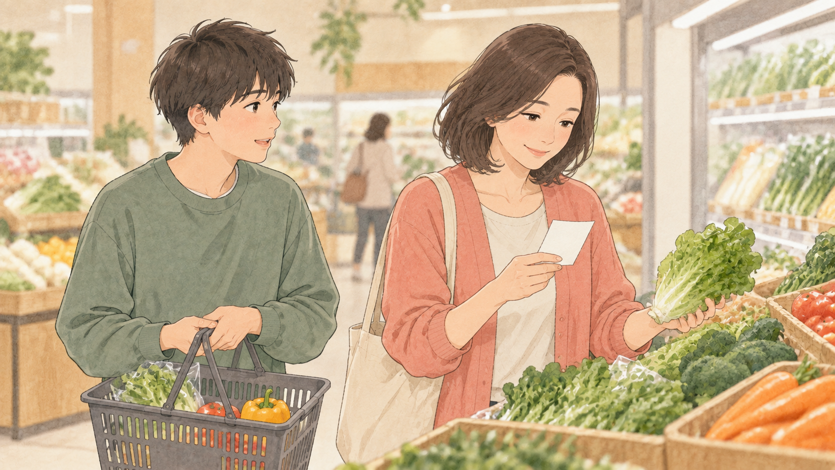 買い物メモを確認して食材を選ぶ母親のイラスト