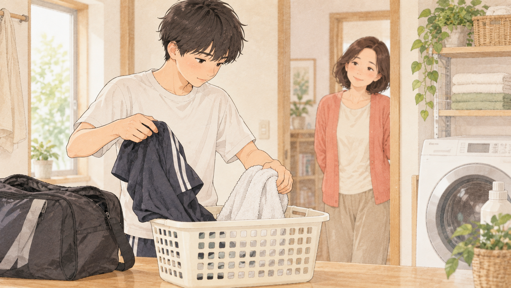 帰宅後に部活着を洗濯かごへ入れる高校生のイラスト