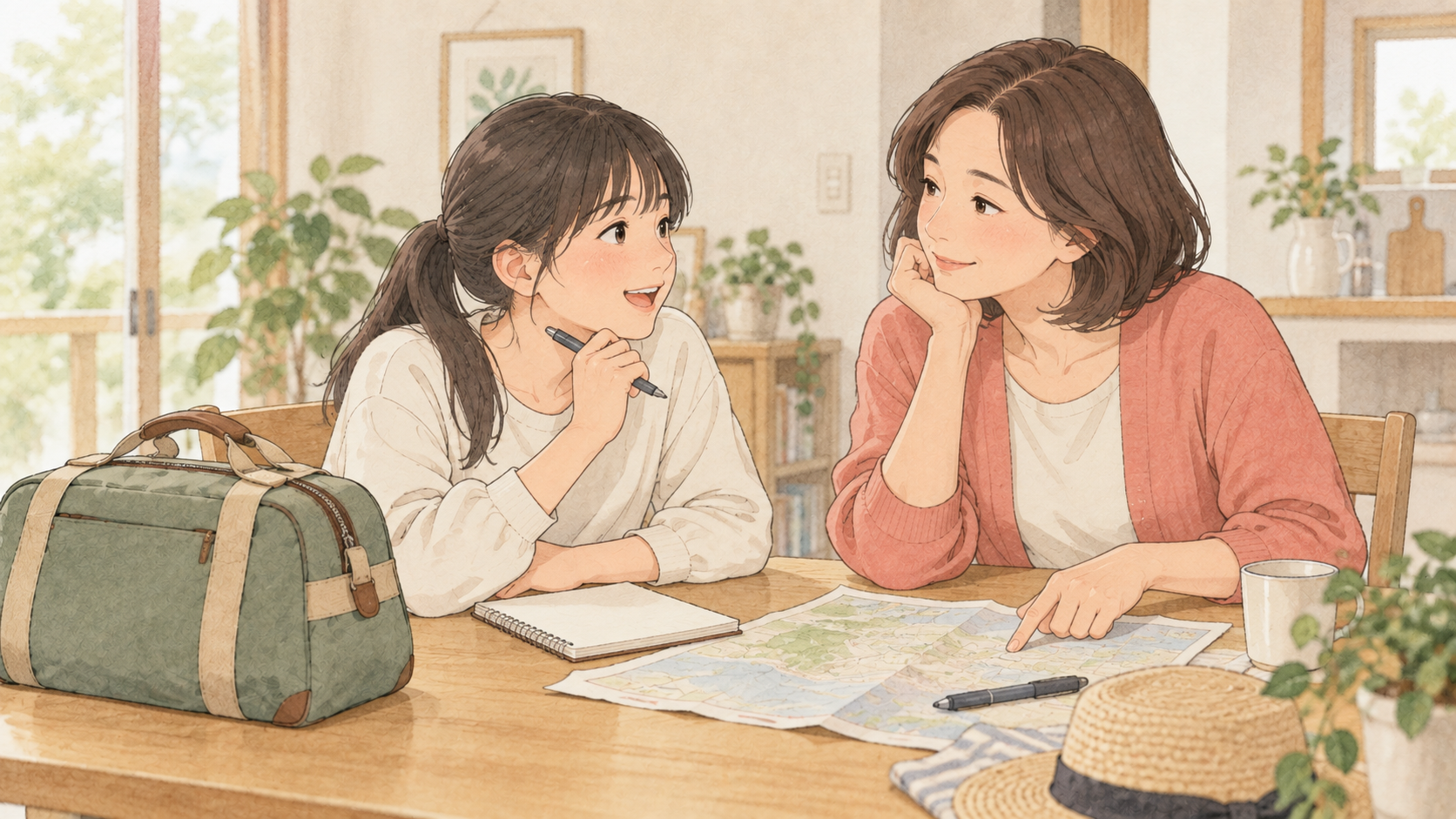 短い家族旅行の予定を考えるイラスト