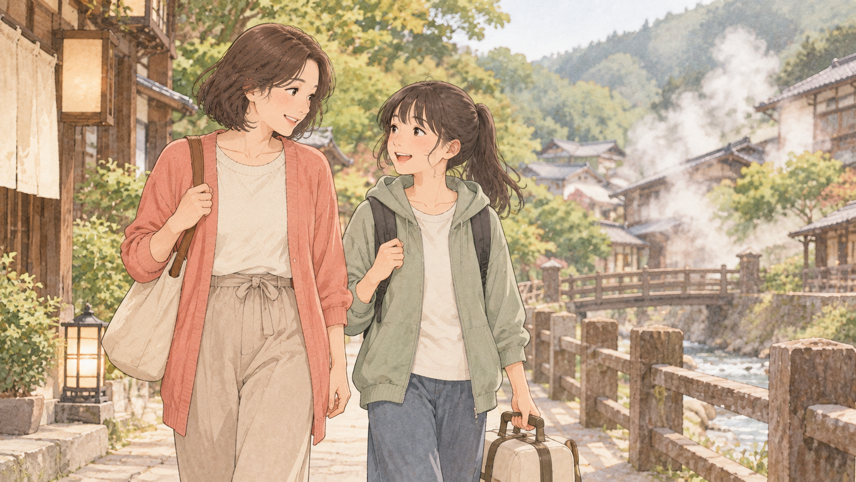 一泊の旅行をゆっくり楽しむ親子のイラスト