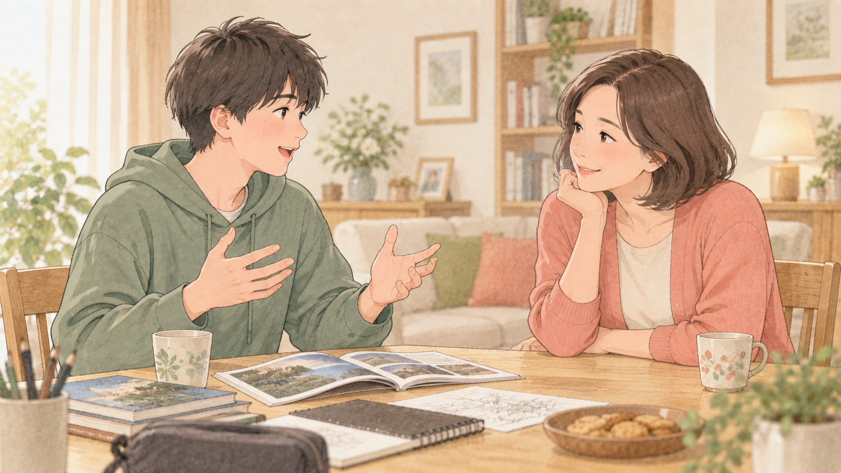趣味の話を楽しそうにする高校生の息子のイラスト