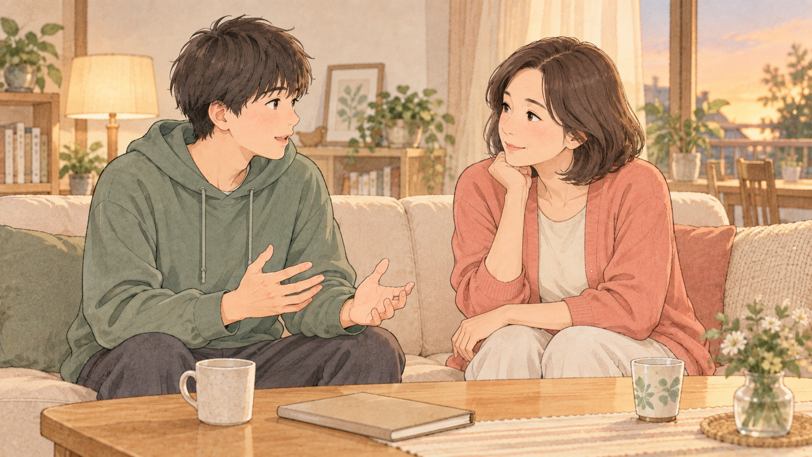 息子の好きなことに耳を傾ける母親のイラスト