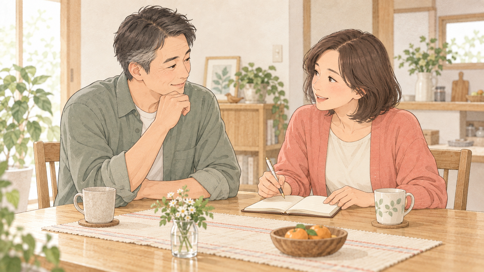家の役割分担を相談する夫婦のイラスト