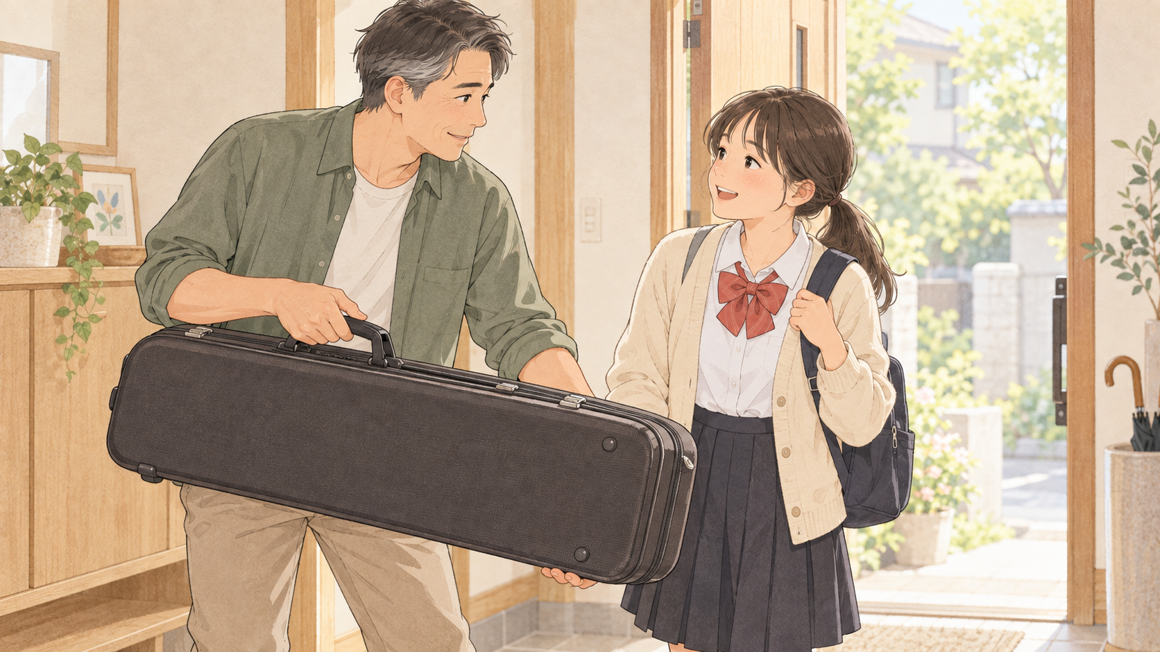 休日に娘の楽器の運搬を手伝う父親のイラスト