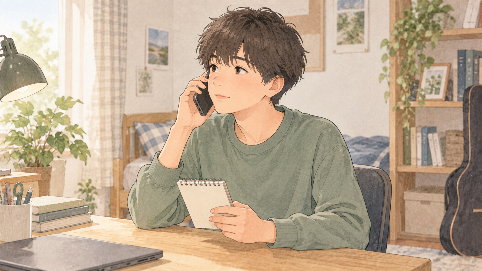 離れて暮らす姉に電話で進路を相談する高校生のイラスト