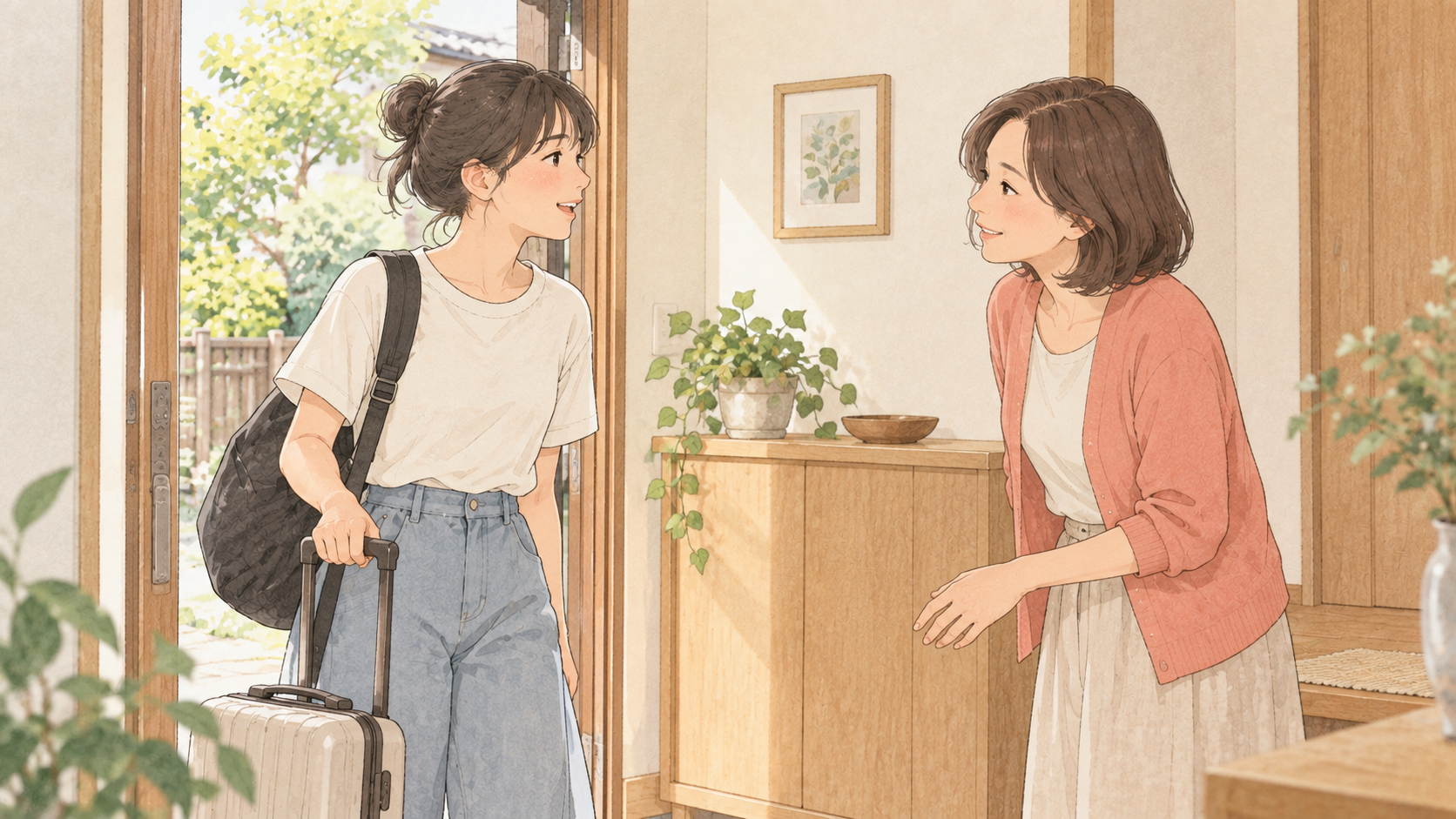 帰省した大学生の娘を迎える母親のイラスト