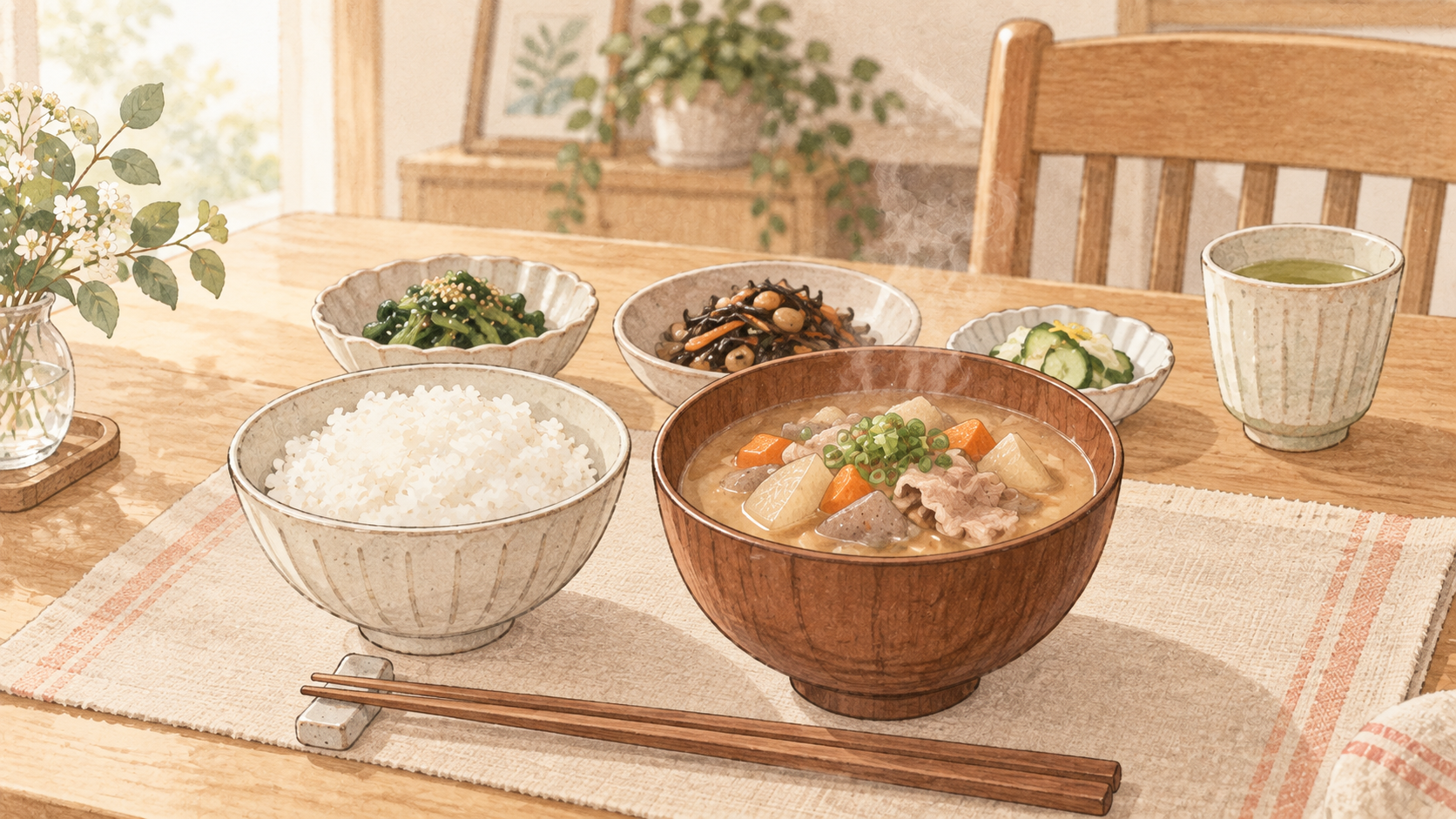 帰省の日に用意した豚汁と家庭の食卓のイラスト