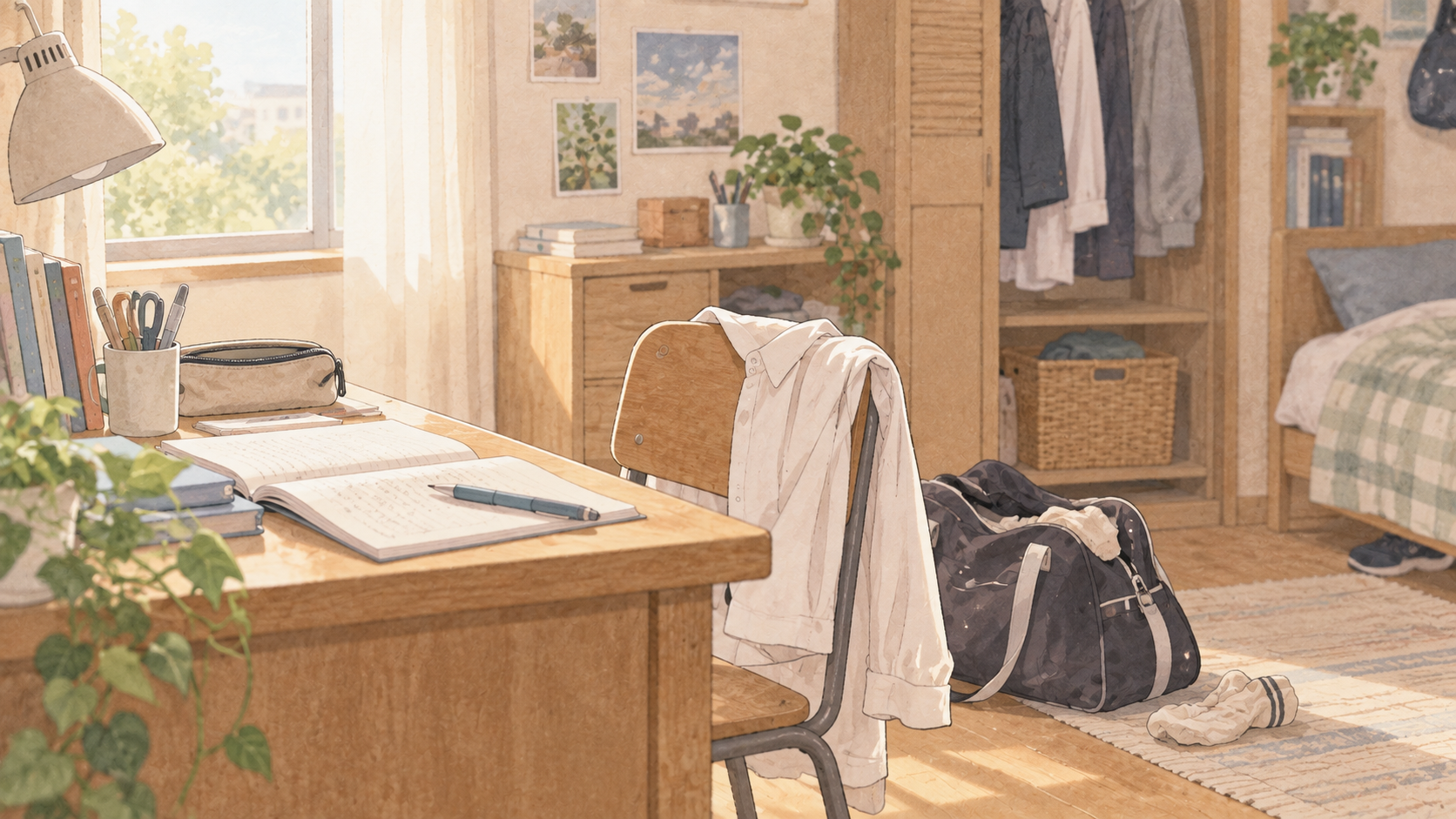 高校生の部屋の身の回りの物と収納かごのイラスト