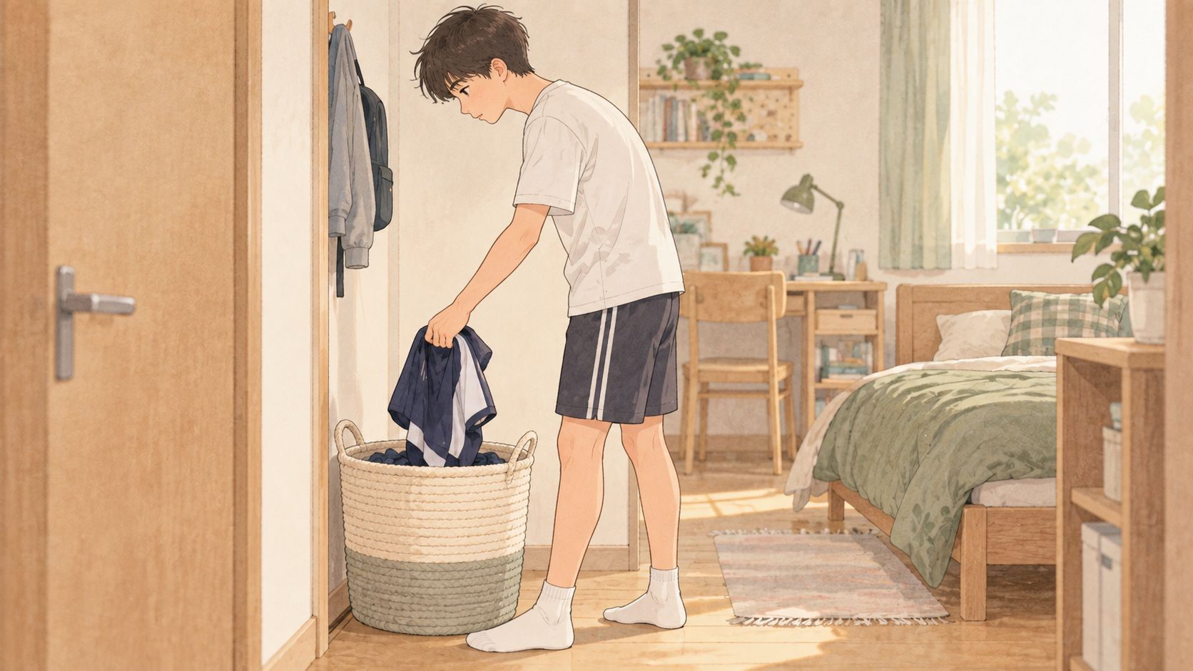 部活着を決まったかごへ入れる高校生のイラスト