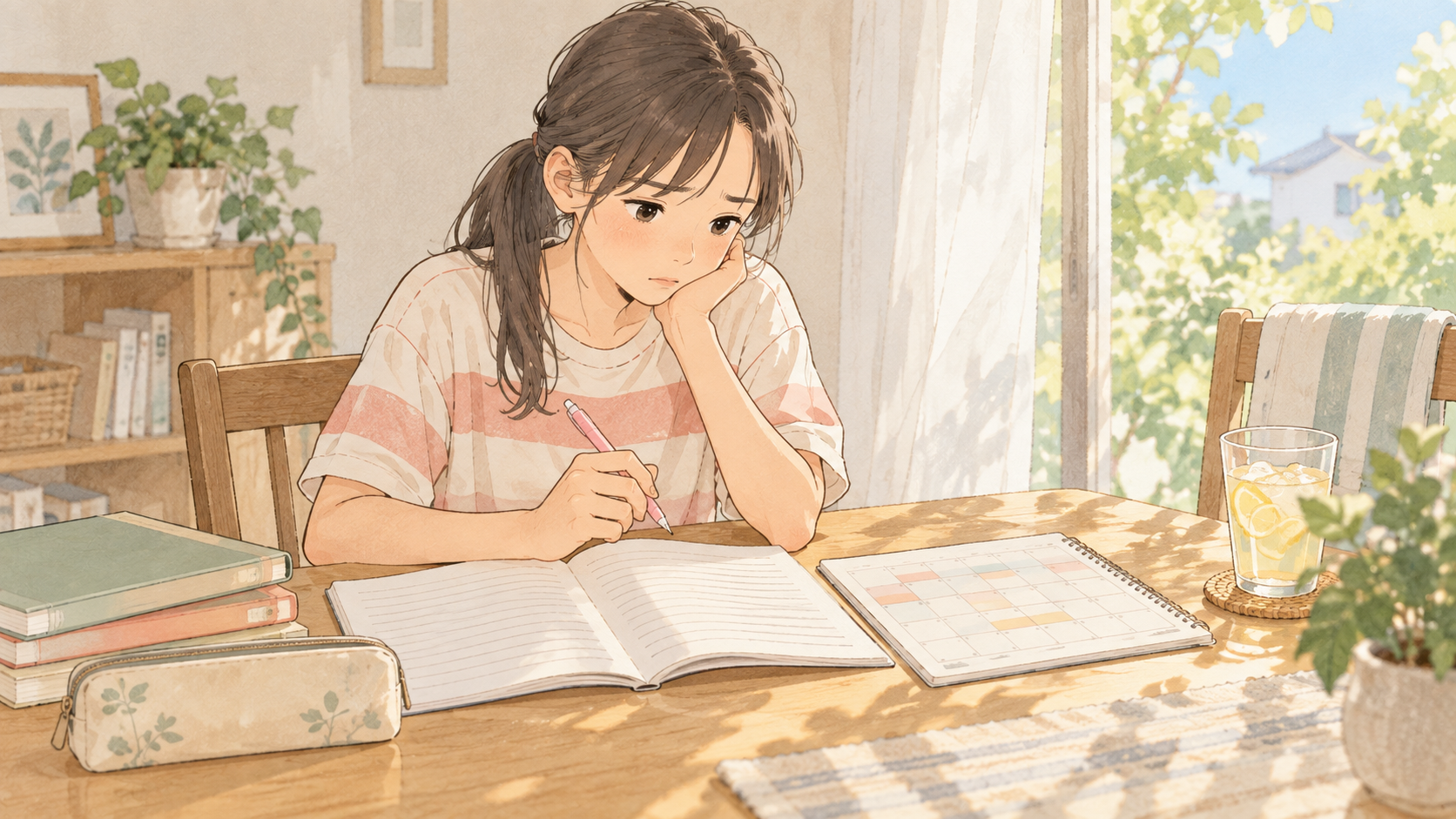 夏休みの宿題の進め方を考える中学生の娘のイラスト