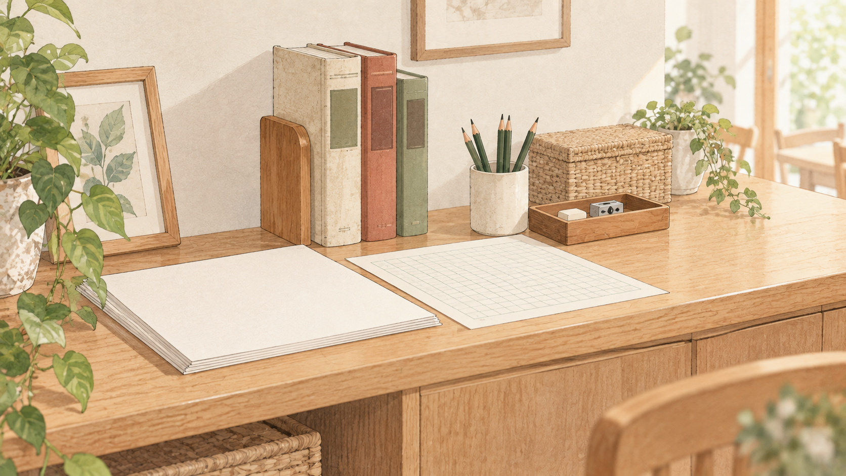 宿題を自分で進めるために用意された文具のイラスト