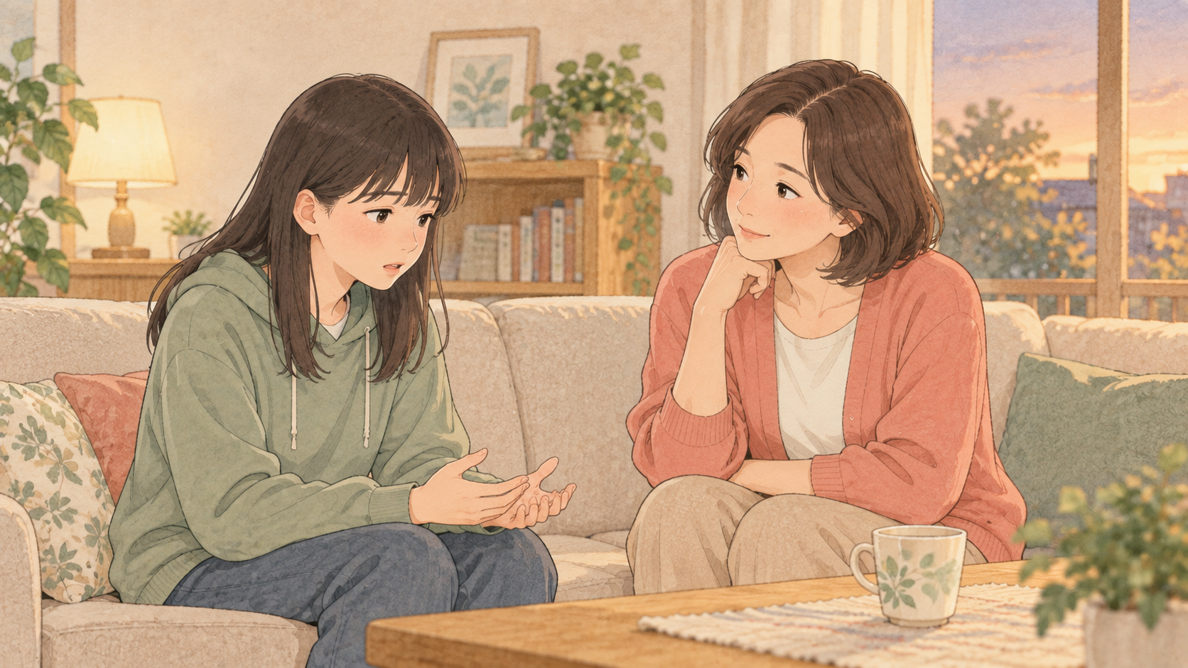 学校への不安を話す娘に寄り添う母親のイラスト