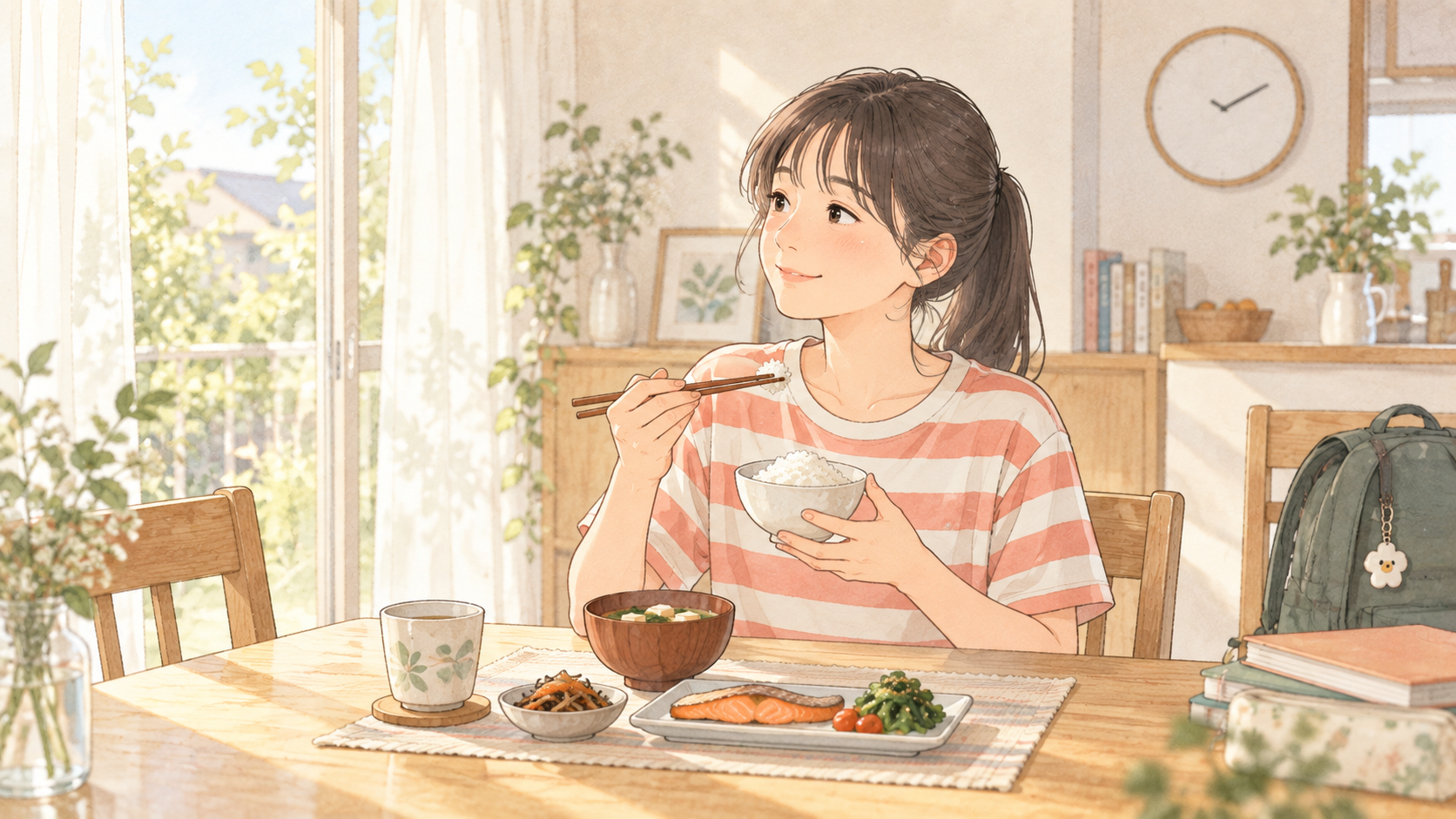 朝ごはんで生活リズムを整える中学生の娘のイラスト