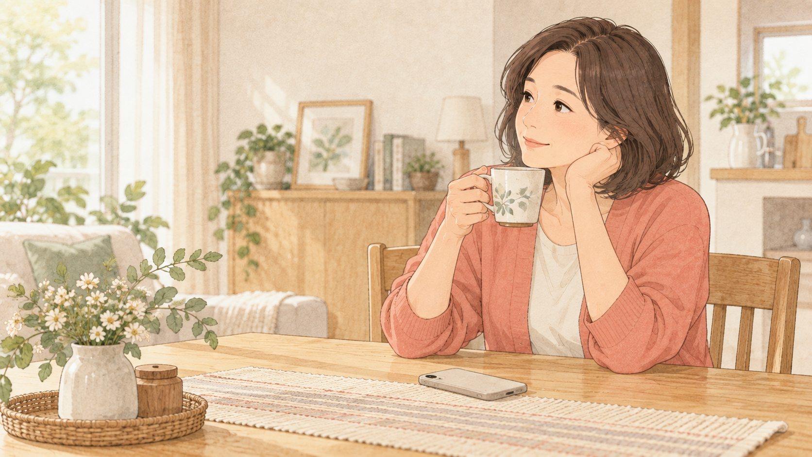 スマートフォンを置いて一息つく母親のイラスト