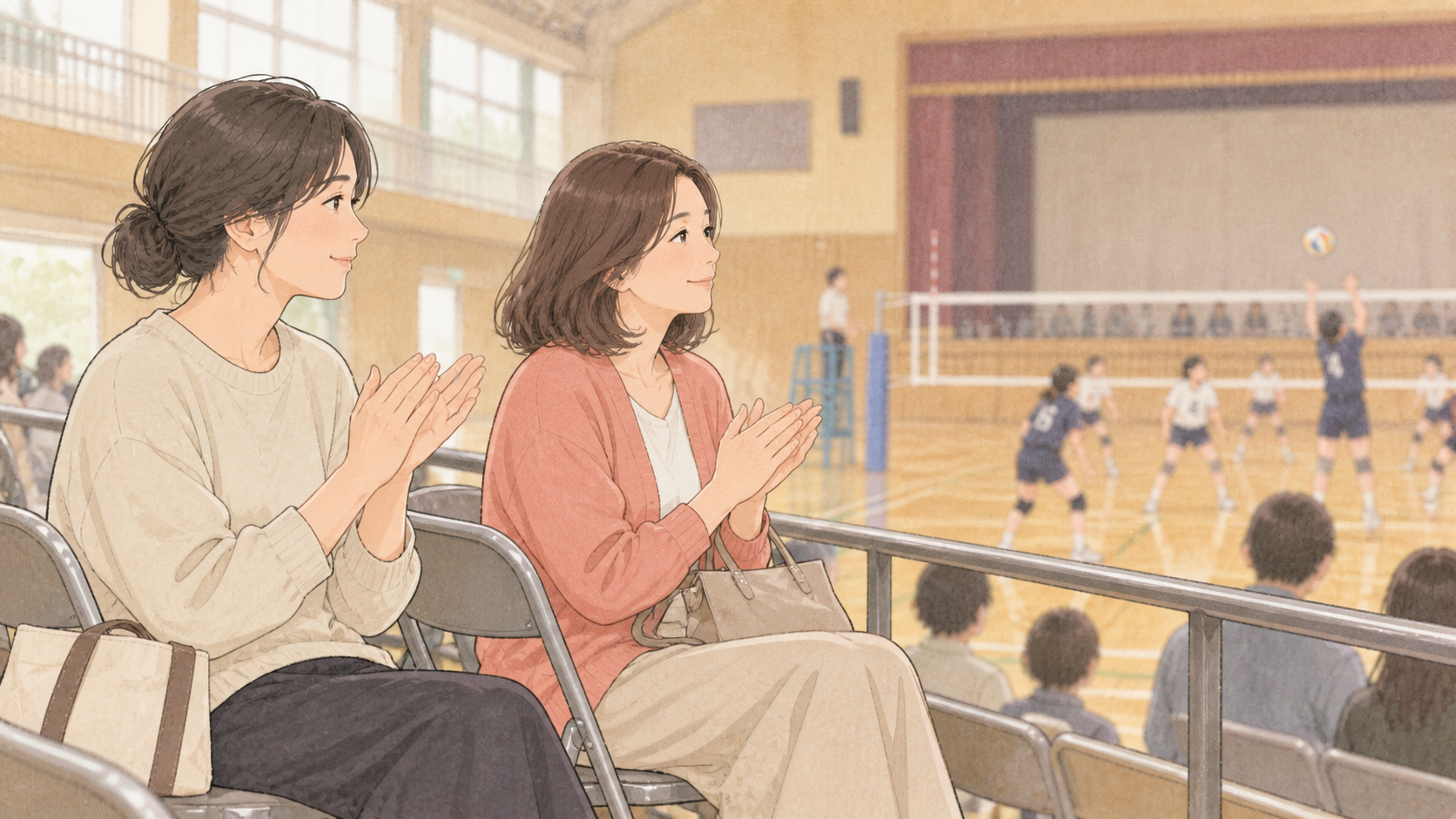 保護者席で一緒に試合を応援する母親たちのイラスト