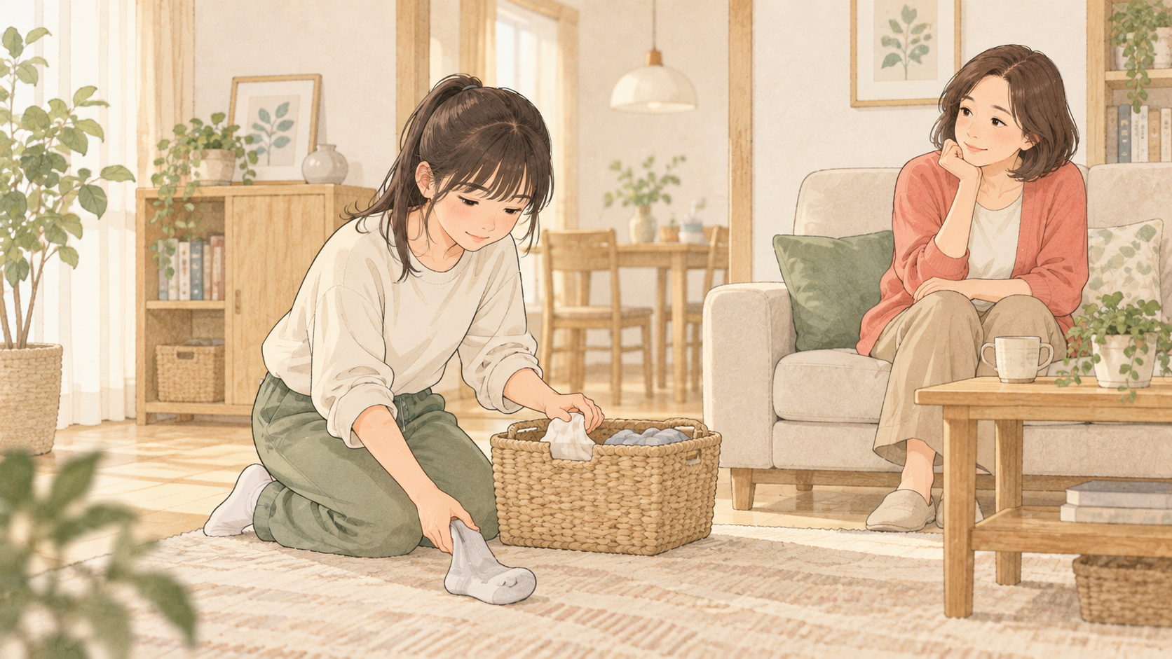 自分で靴下を片付ける娘を見守る母親のイラスト