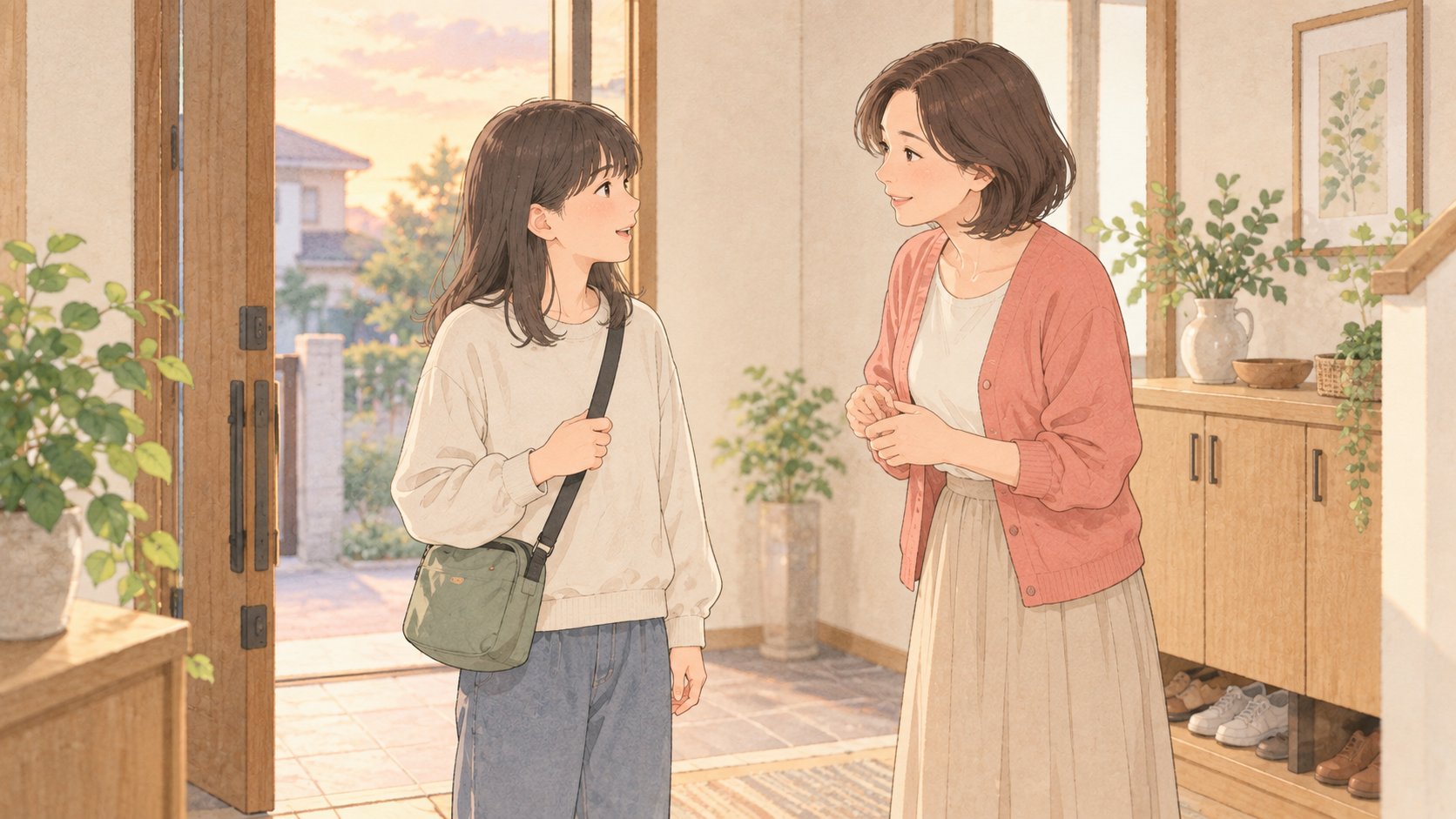 外出前に帰宅の約束を親子で確認するイラスト