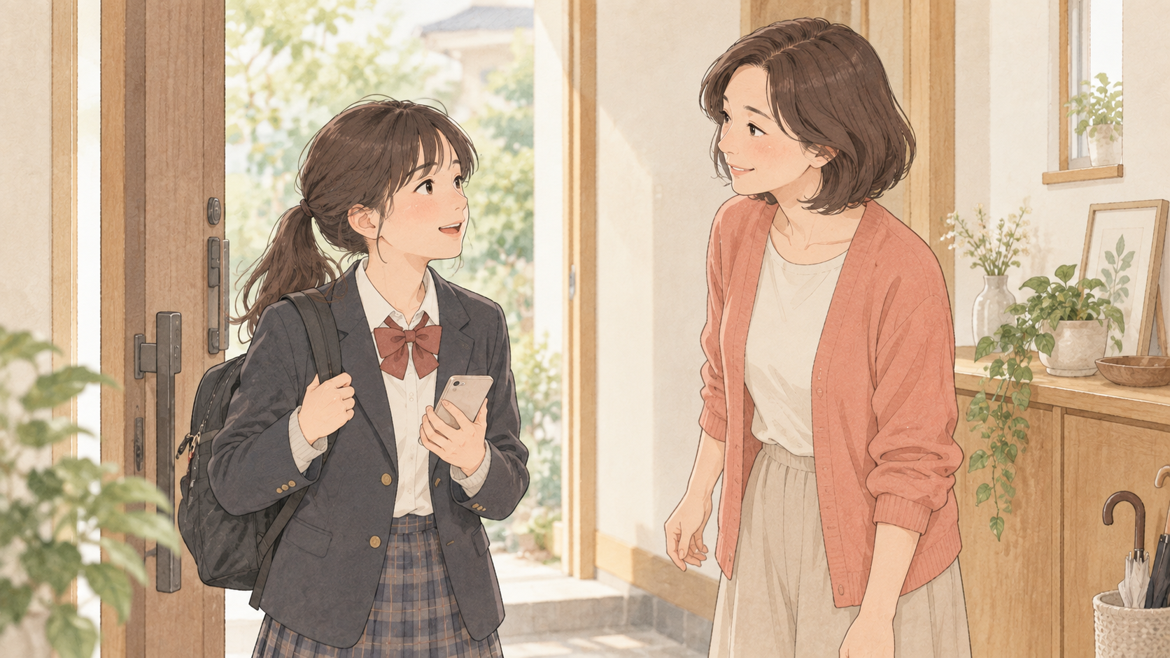帰宅した娘を安心した表情で迎える母親のイラスト