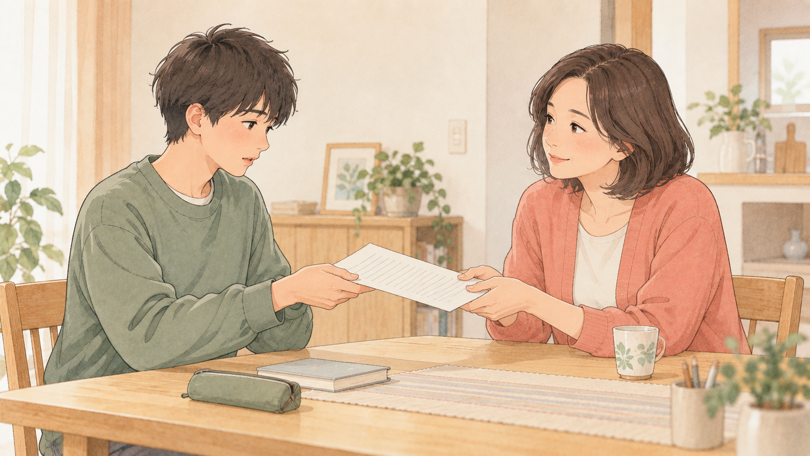 返却されたテストを母親に渡す高校生の息子のイラスト
