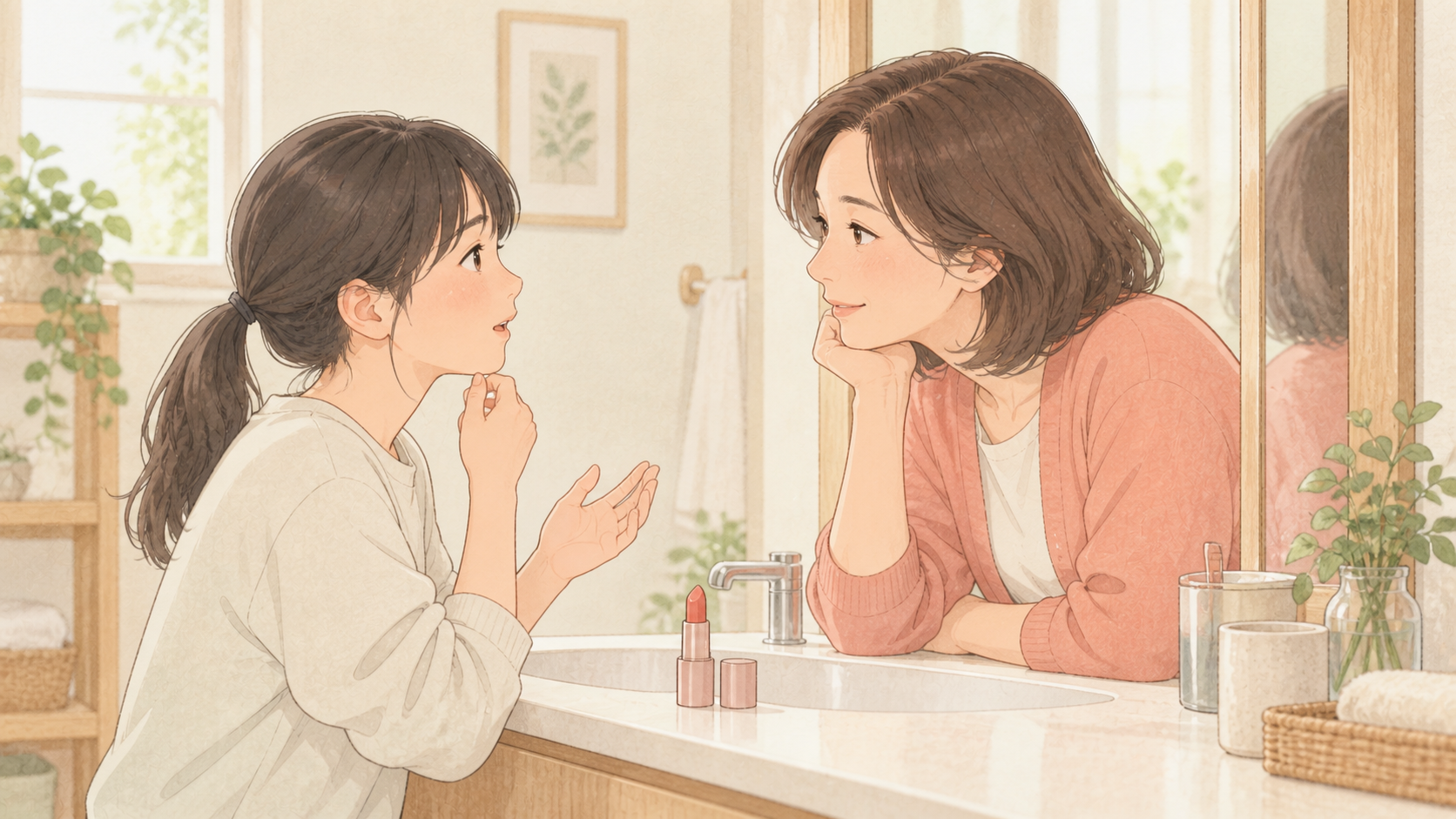 メイクへの興味について母親と話す中学生の娘のイラスト