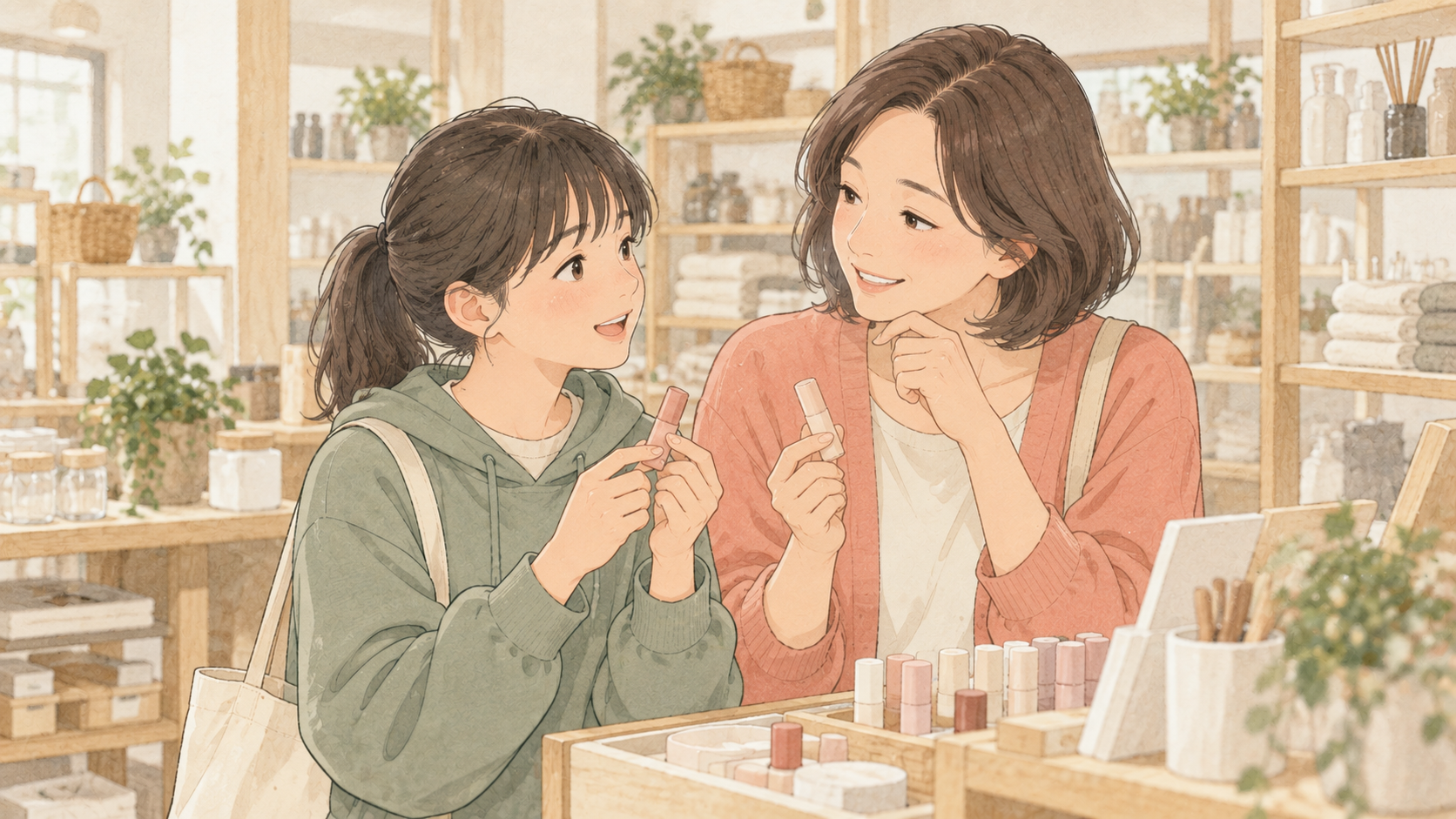 親子で初めてのリップを選ぶイラスト