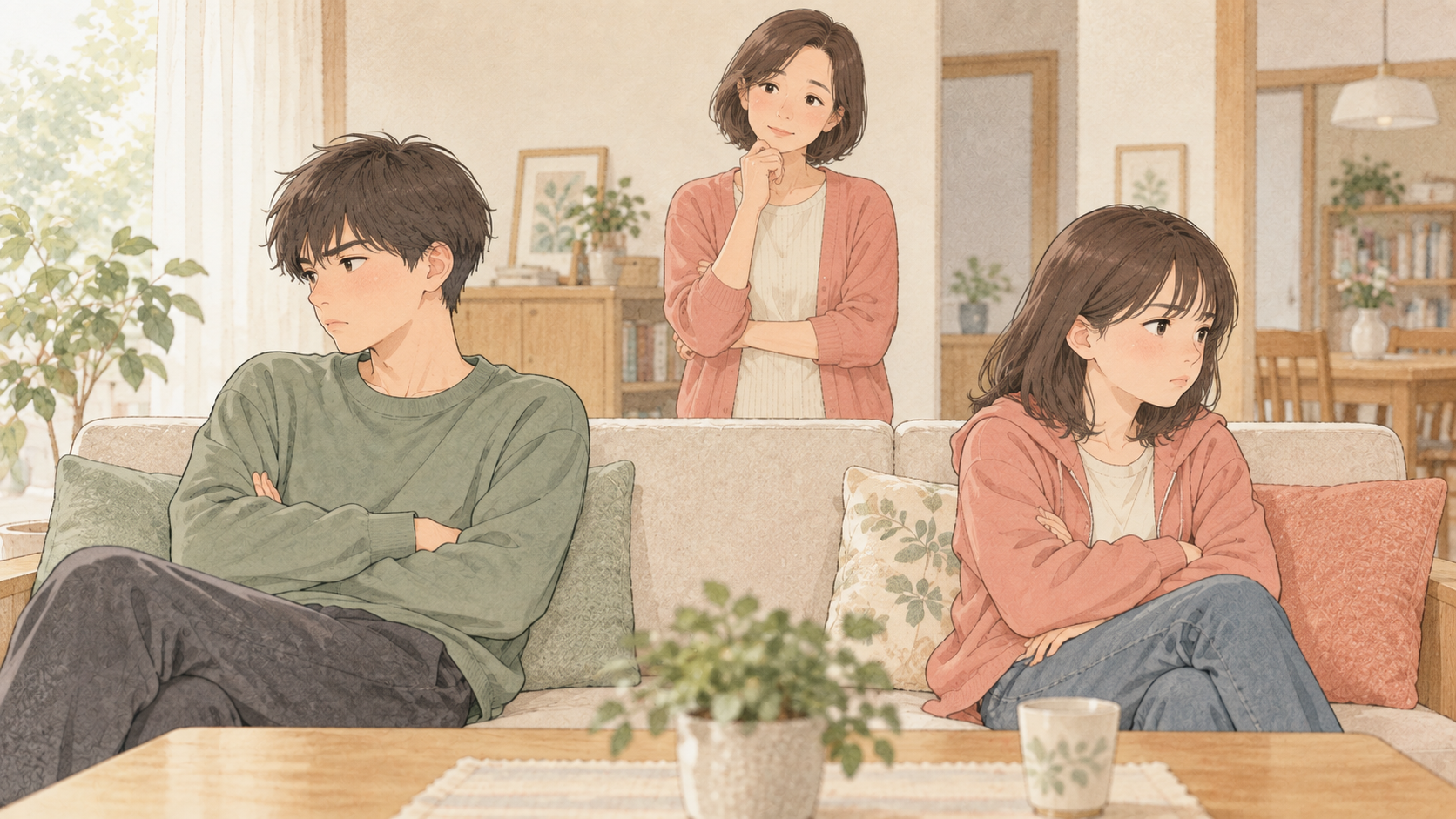 兄妹の言い争いを落ち着いて見守る母親のイラスト