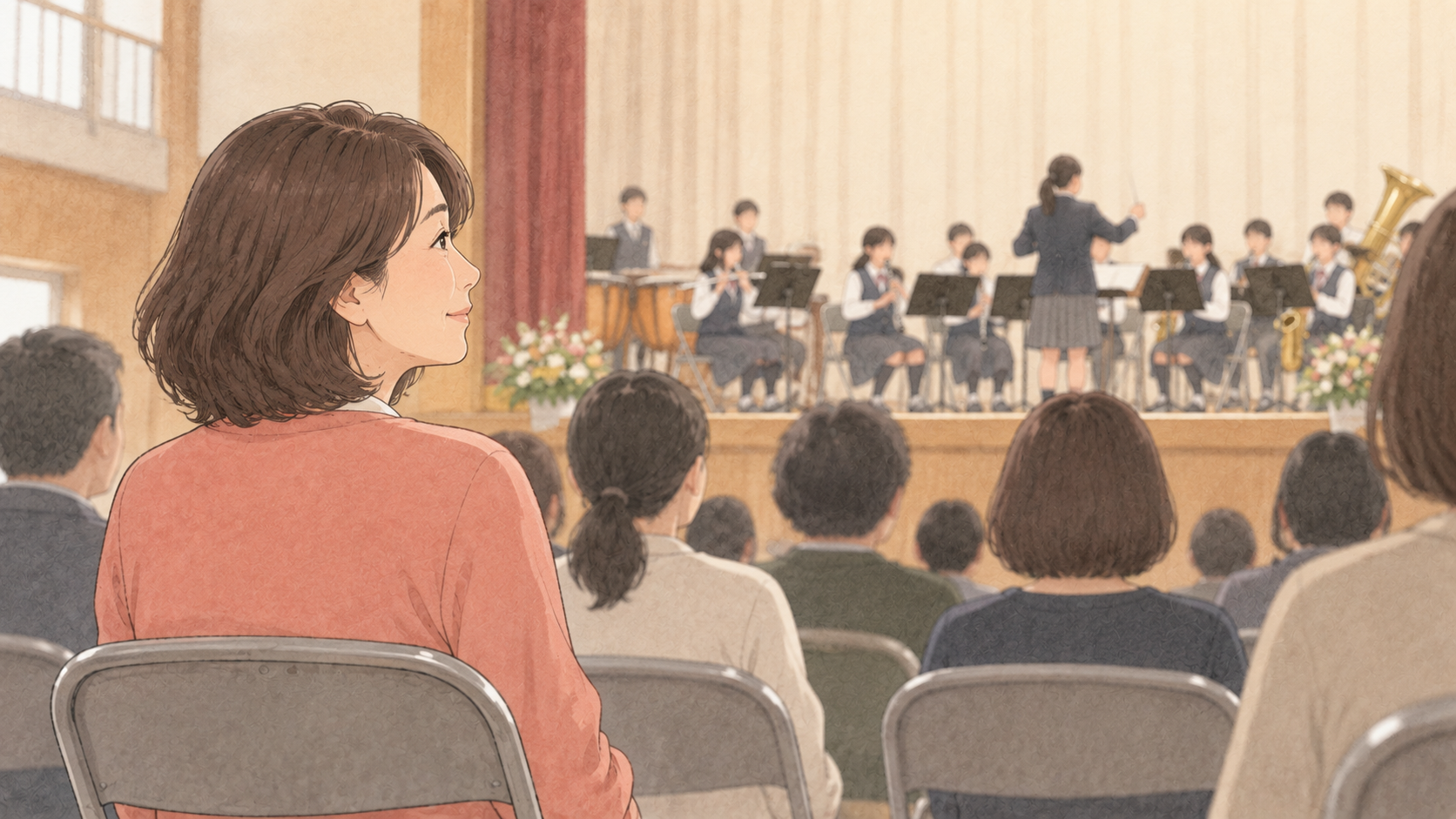 文化祭の後方の席から子どもたちを見守る母親のイラスト