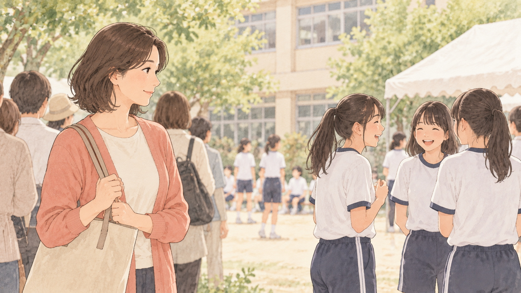 学校行事で子どもとの距離を大切にする母親のイラスト