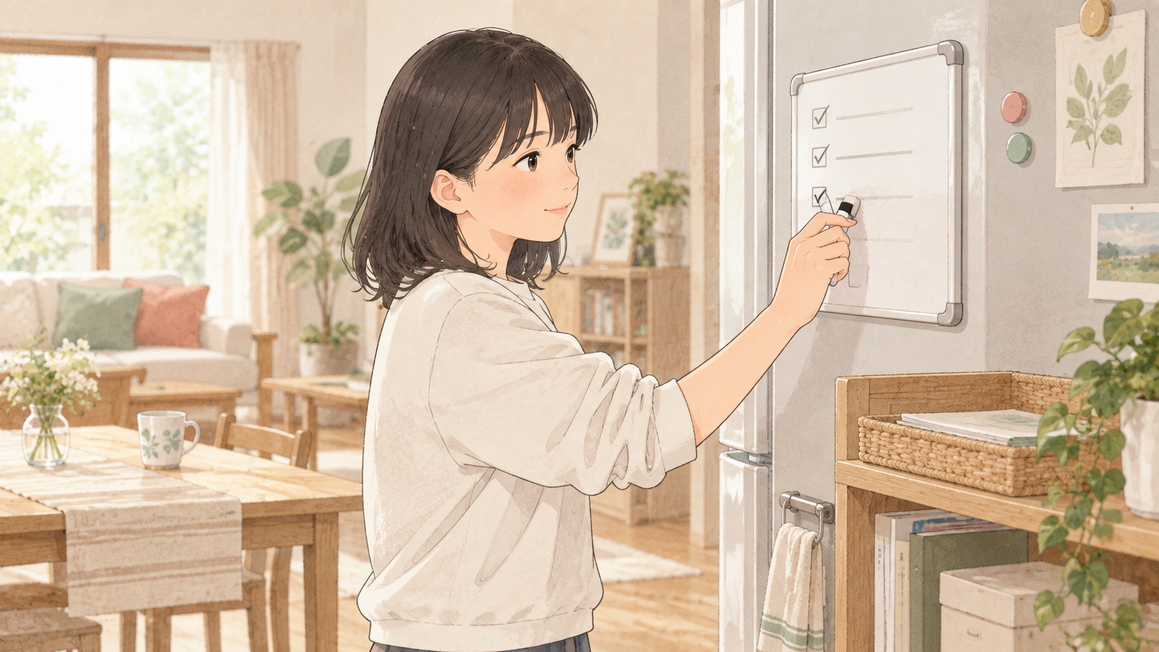 提出物の確認ボードを自分でチェックする中学生の娘のイラスト
