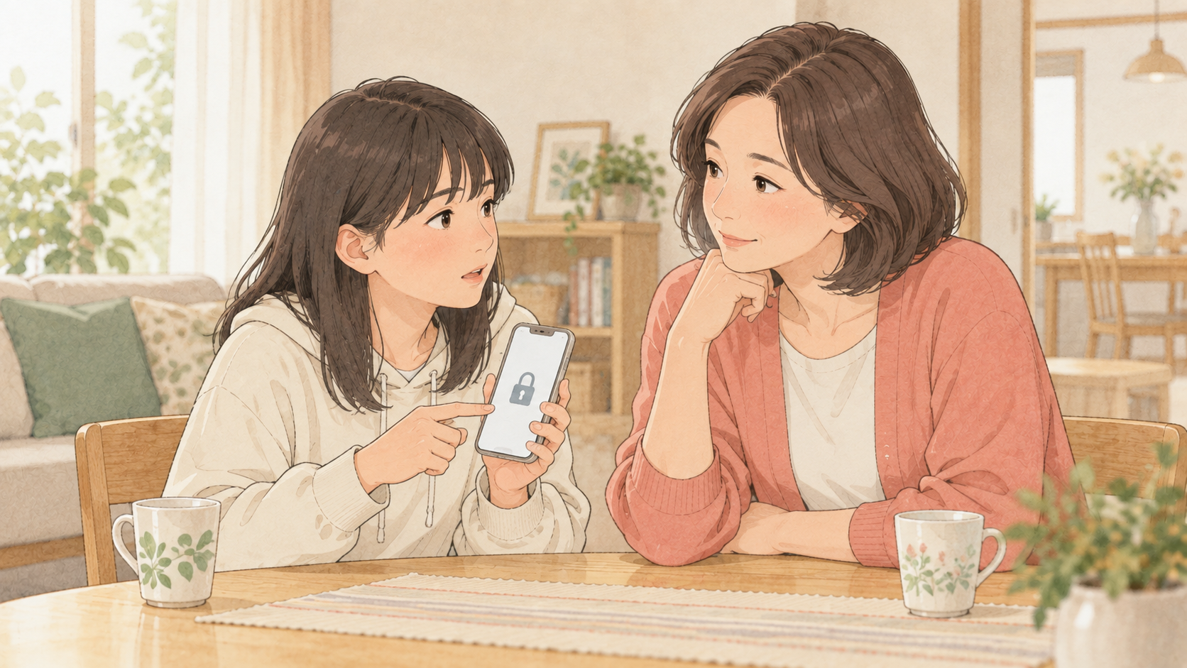 SNSの使い方を親子で話し合うイラスト