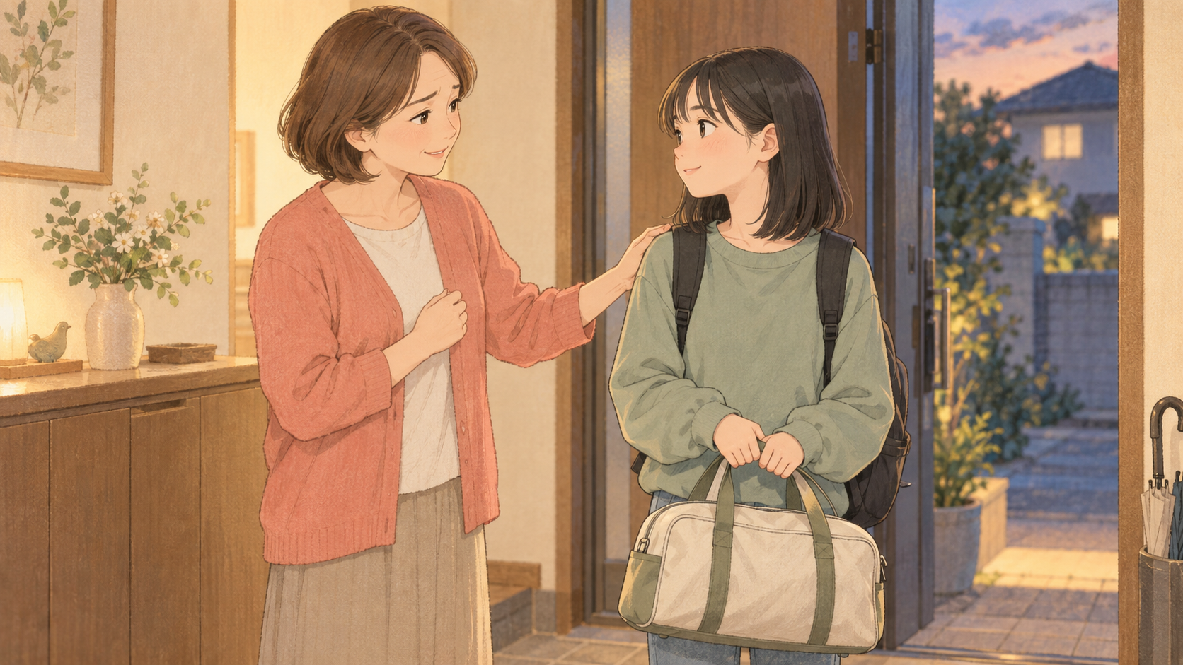 一泊バッグを持つ中学生の娘とお泊まりの相談をする母親のイラスト