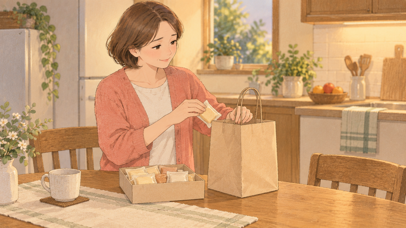 お泊まりの手土産に個包装のお菓子を用意する母親のイラスト