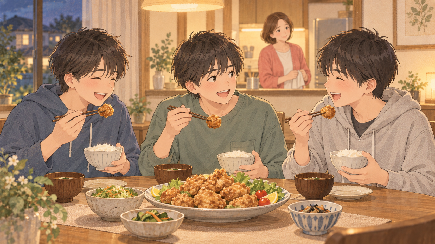お泊まりに来た友達と唐揚げを囲む高校生の息子たちのイラスト