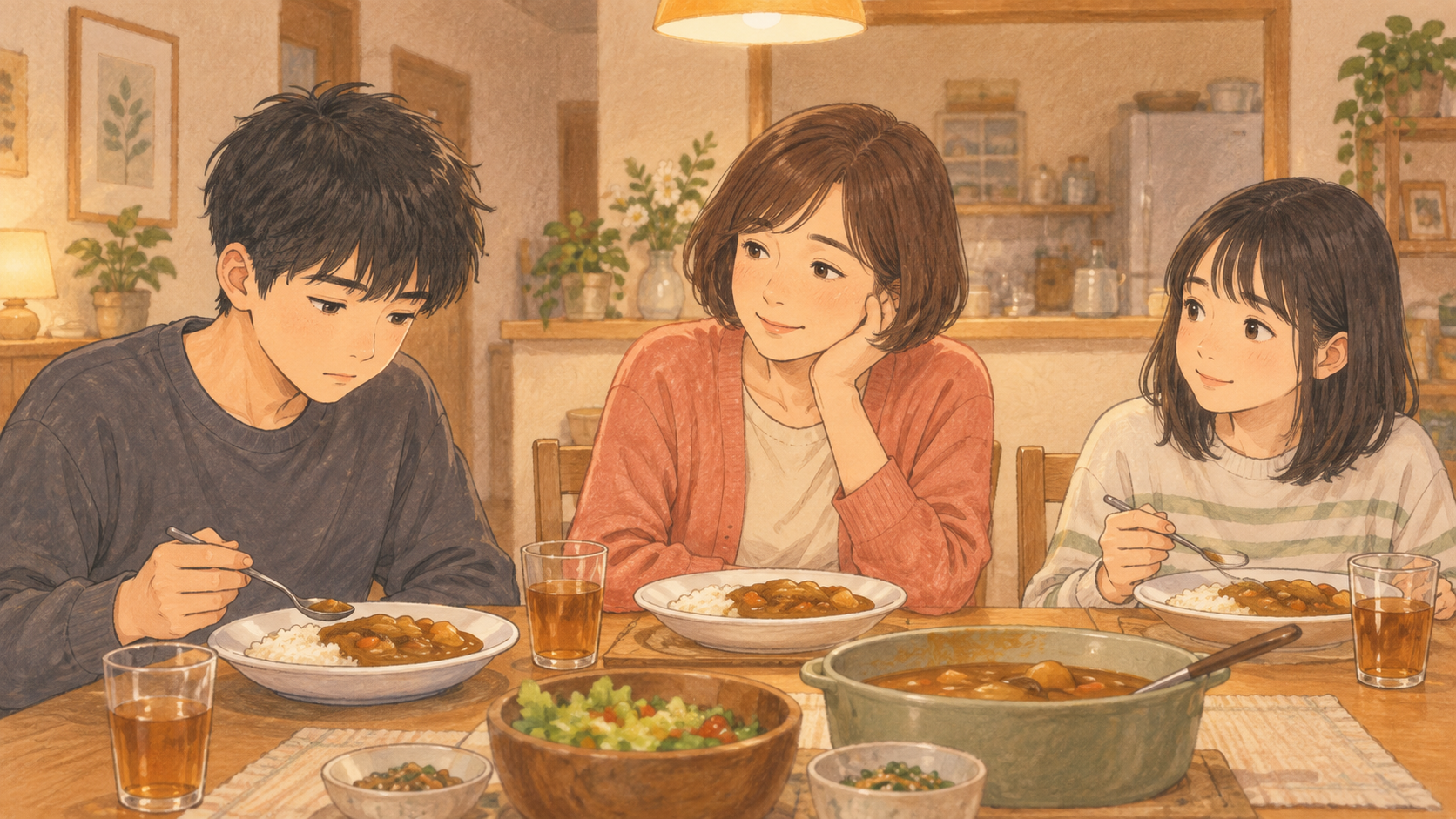 カレーの食卓で息子を穏やかに見守る母親と妹