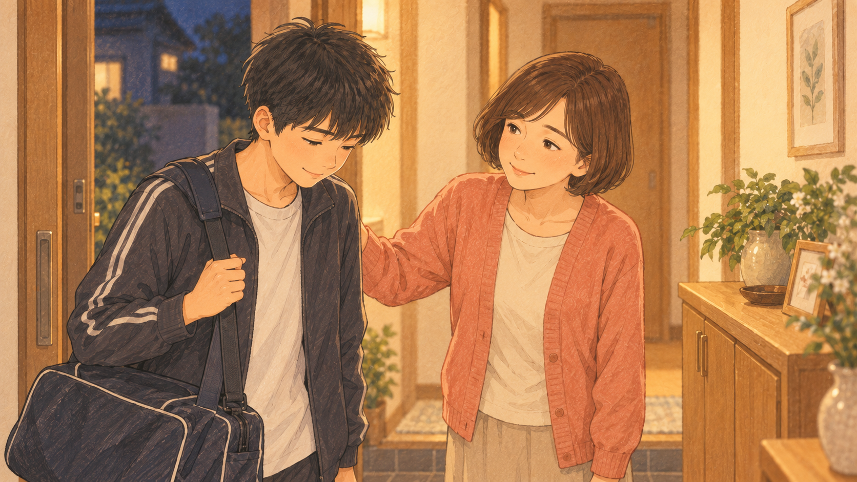 部活から帰宅した息子を玄関で迎える母親