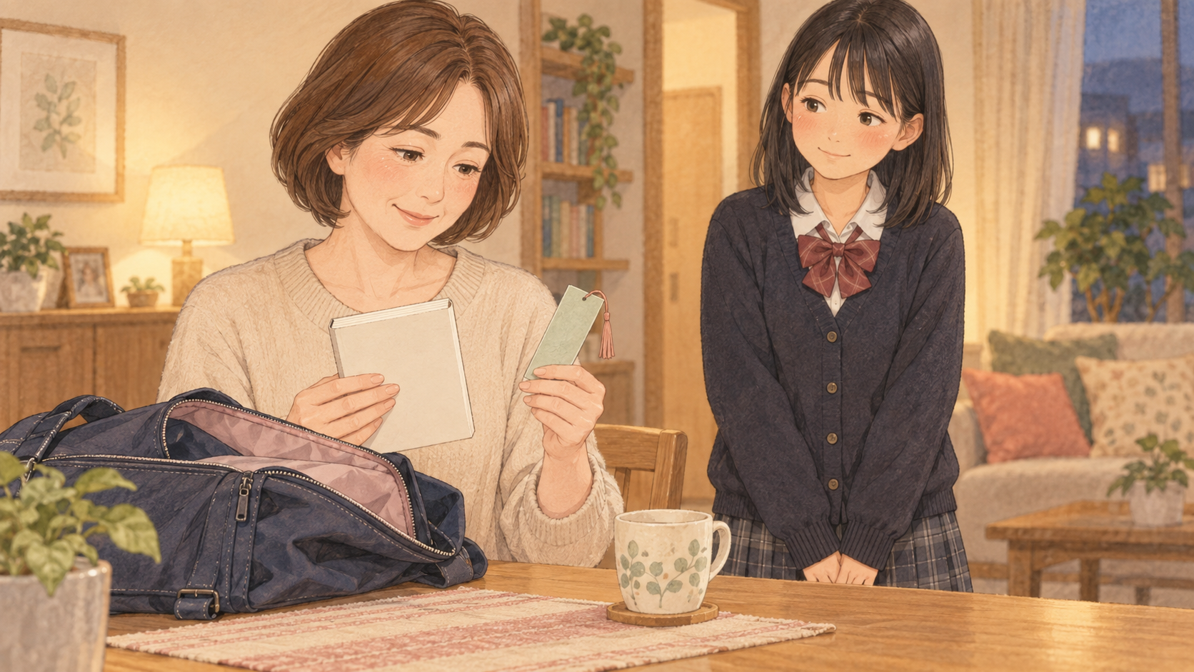 朝読用の文庫本を娘と穏やかに眺める母親