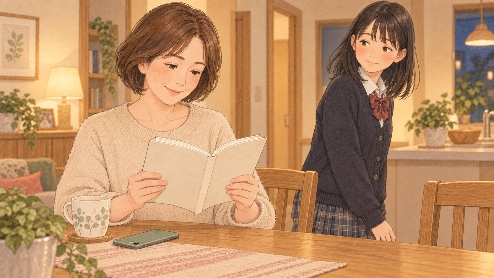 食卓で読書する母親に興味を示す娘