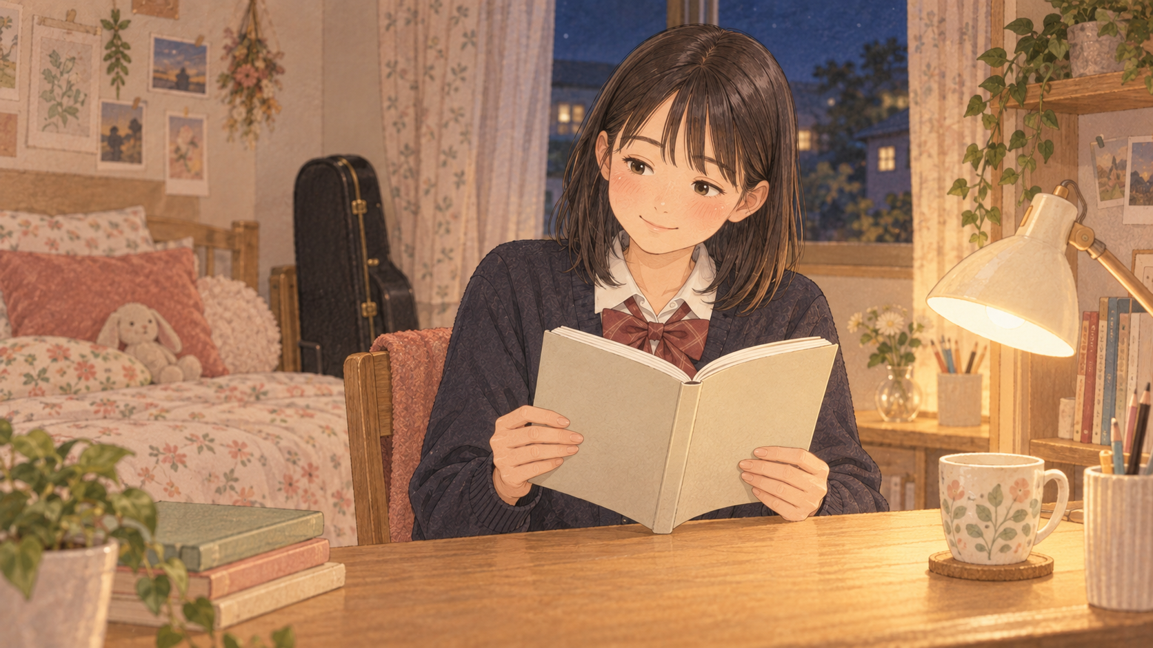 夜の自室で借りた小説を読む中学生の娘