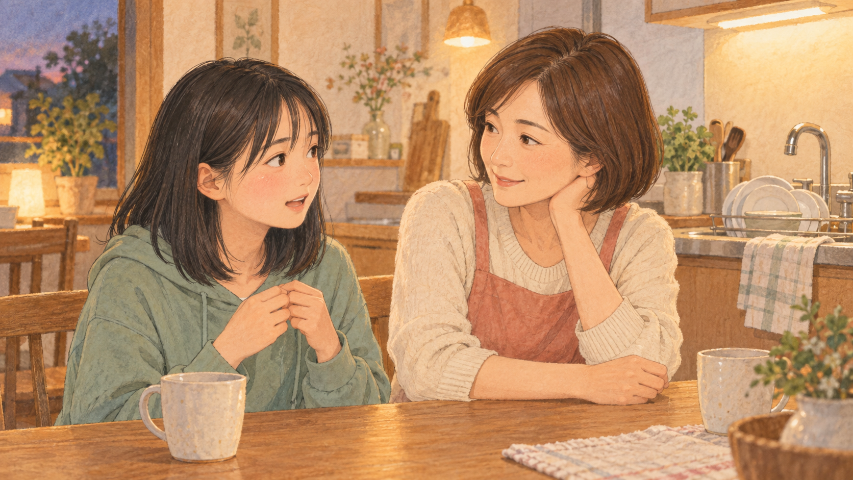 キッチンで娘の打ち明け話を穏やかに聞く母親