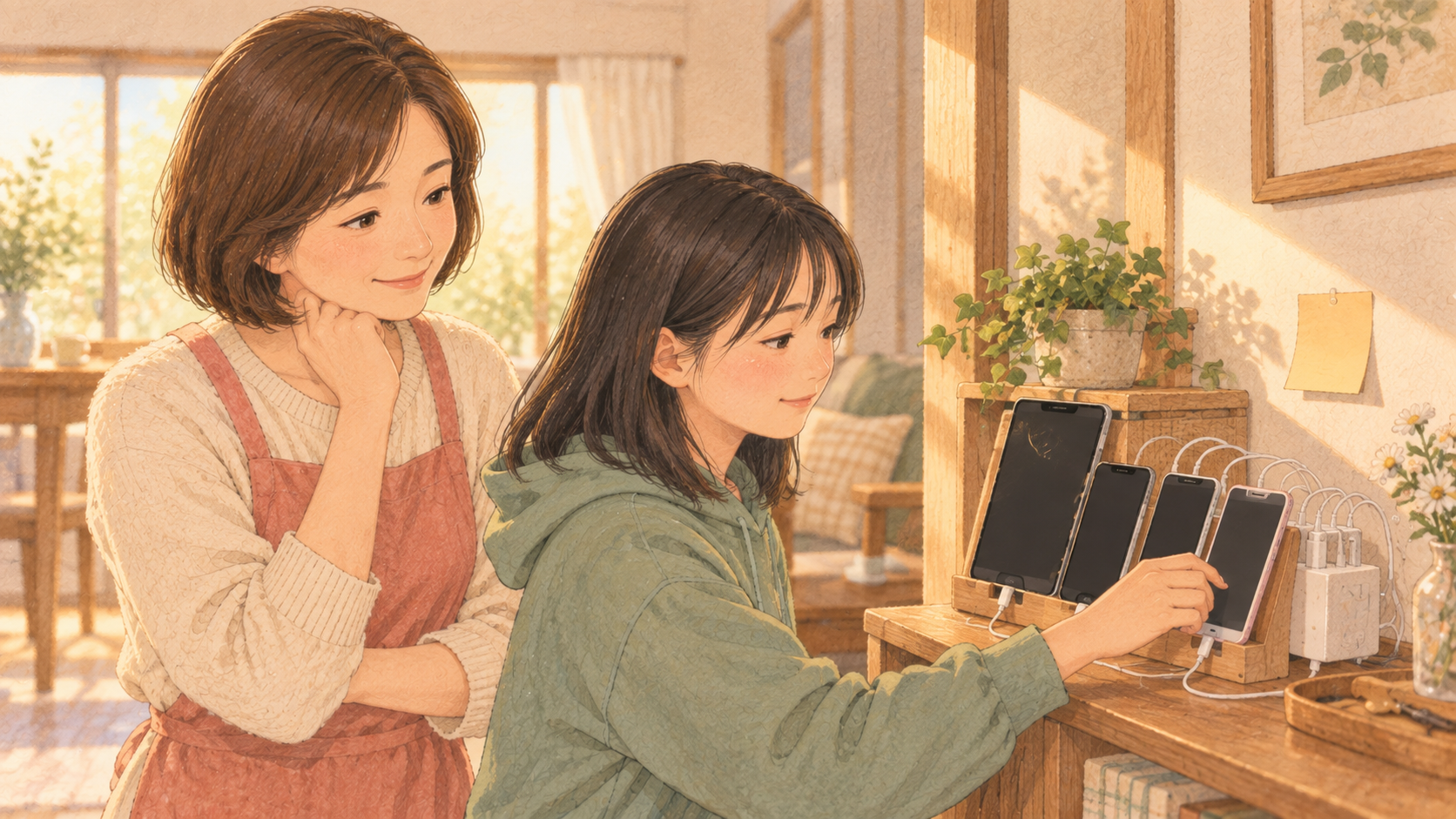 リビングの充電コーナーで娘のスマホを見守る母親