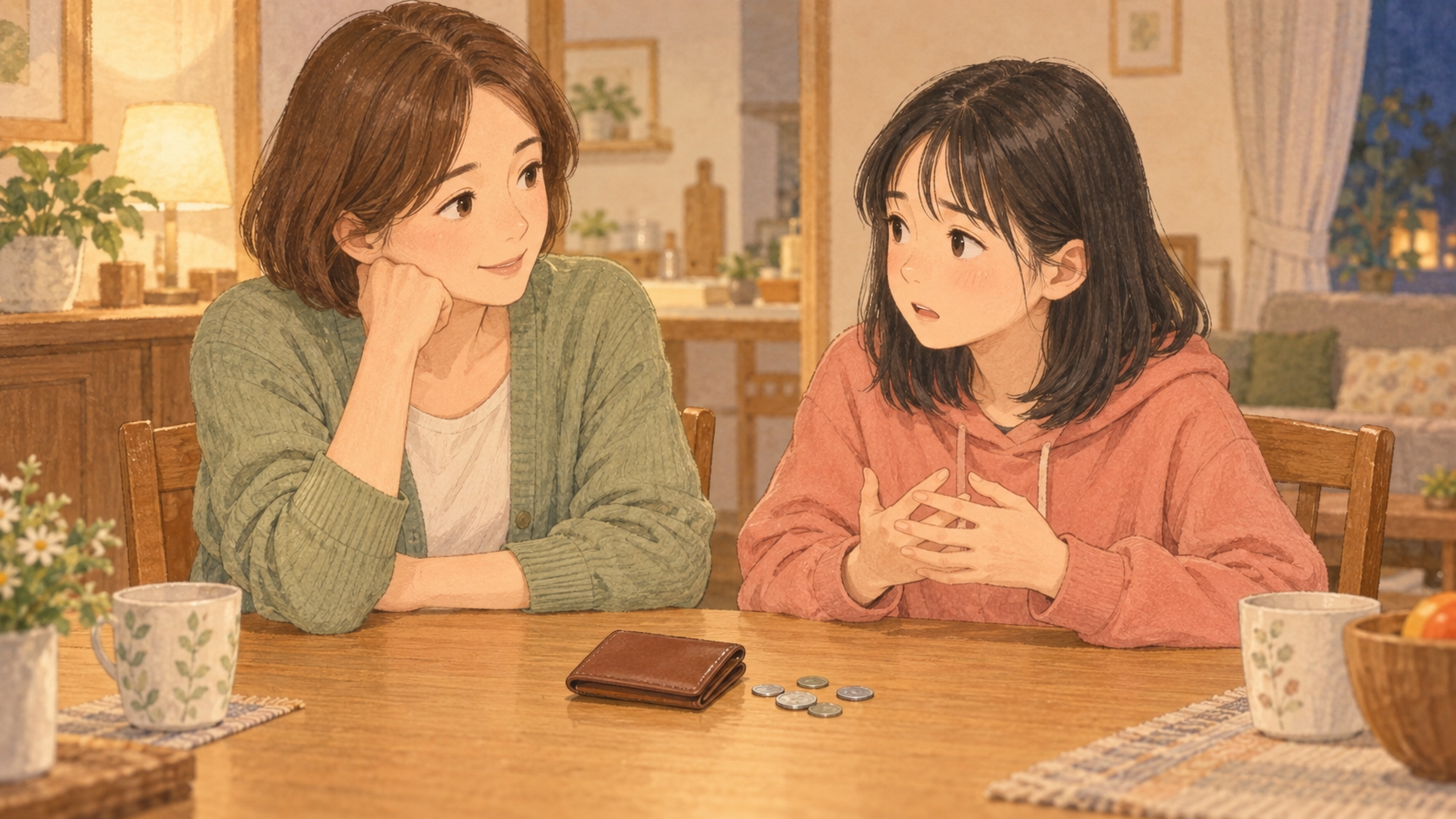 貸したお金の悩みを娘から穏やかに聞く母親のイラスト