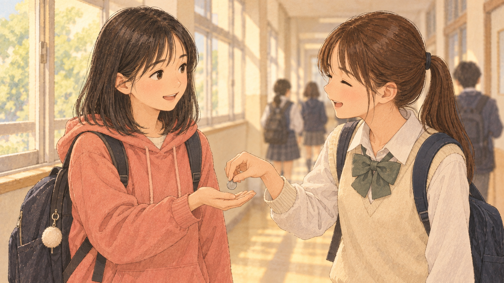 学校で友達から硬貨を返してもらう中学生の娘のイラスト