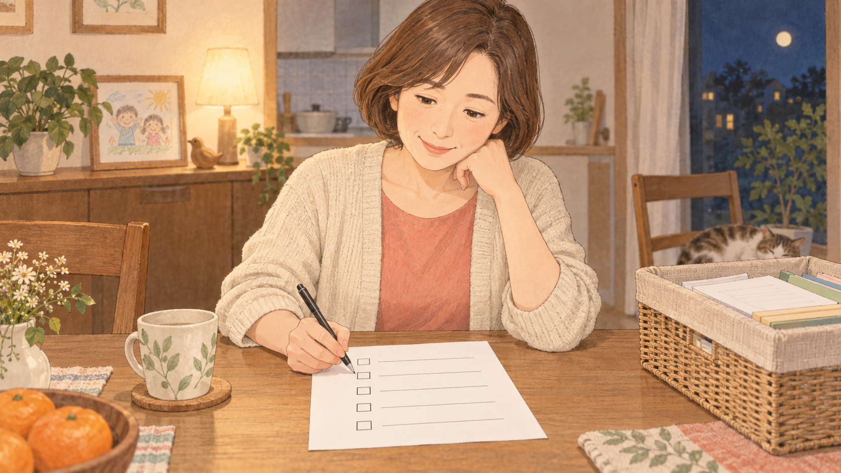 PTAのアンケートを前にできることを考える母親のイラスト