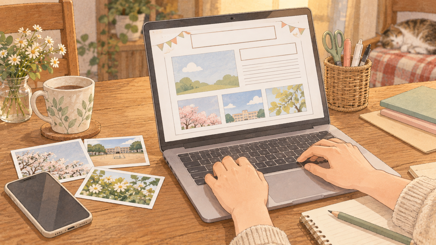 パソコンでPTA広報だよりの写真を配置する作業のイラスト