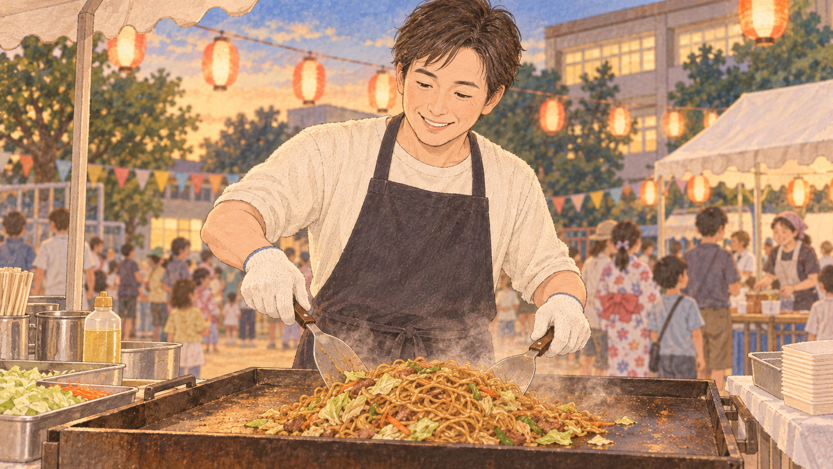 学校の夏祭りで焼きそば係を手伝う父親のイラスト