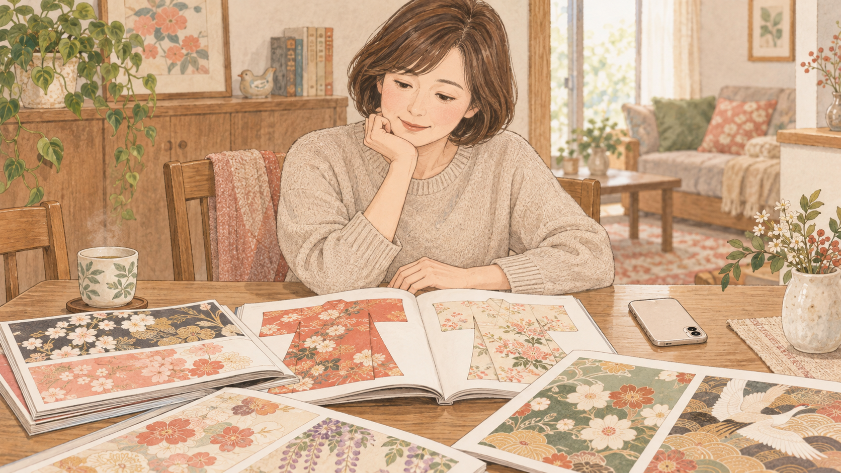 振袖のカタログを並べて準備を考える母親のイラスト
