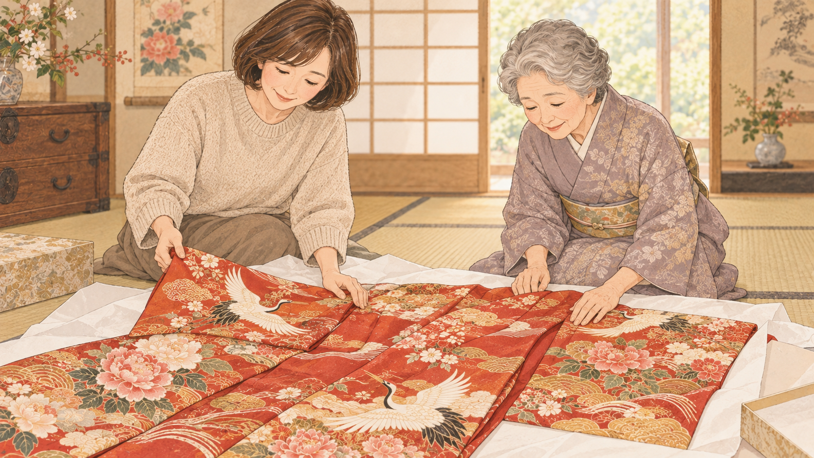 実家で母親と祖母が朱赤の振袖を広げて確かめるイラスト