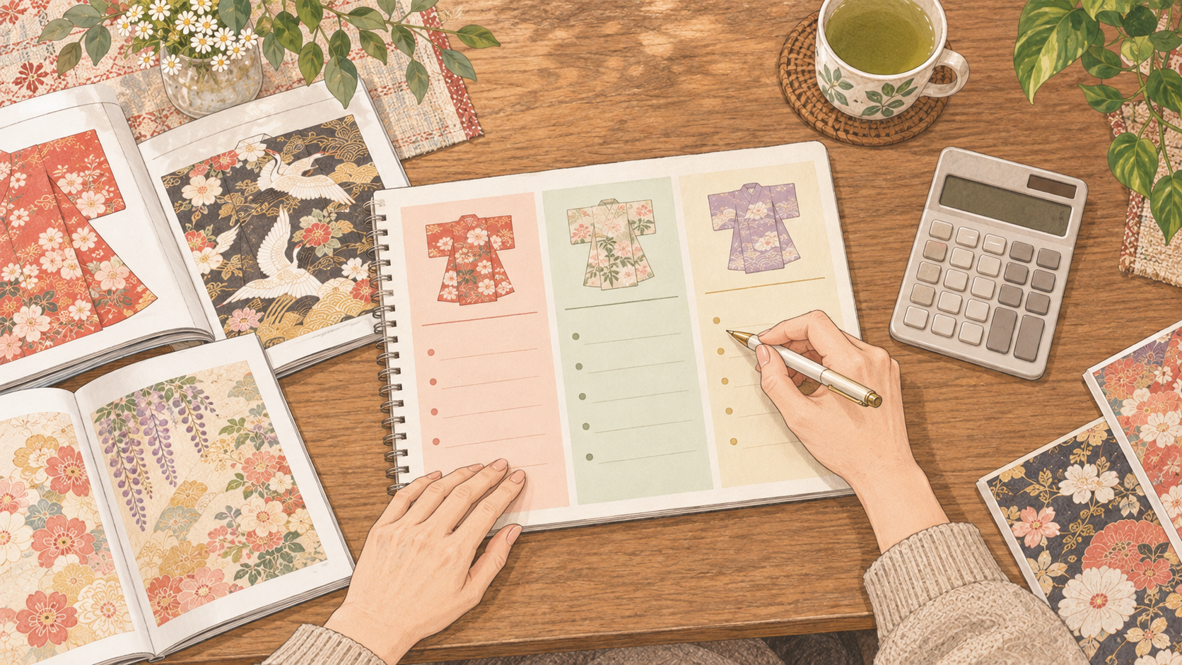 振袖の三つの選択肢をノートで比較する手元のイラスト