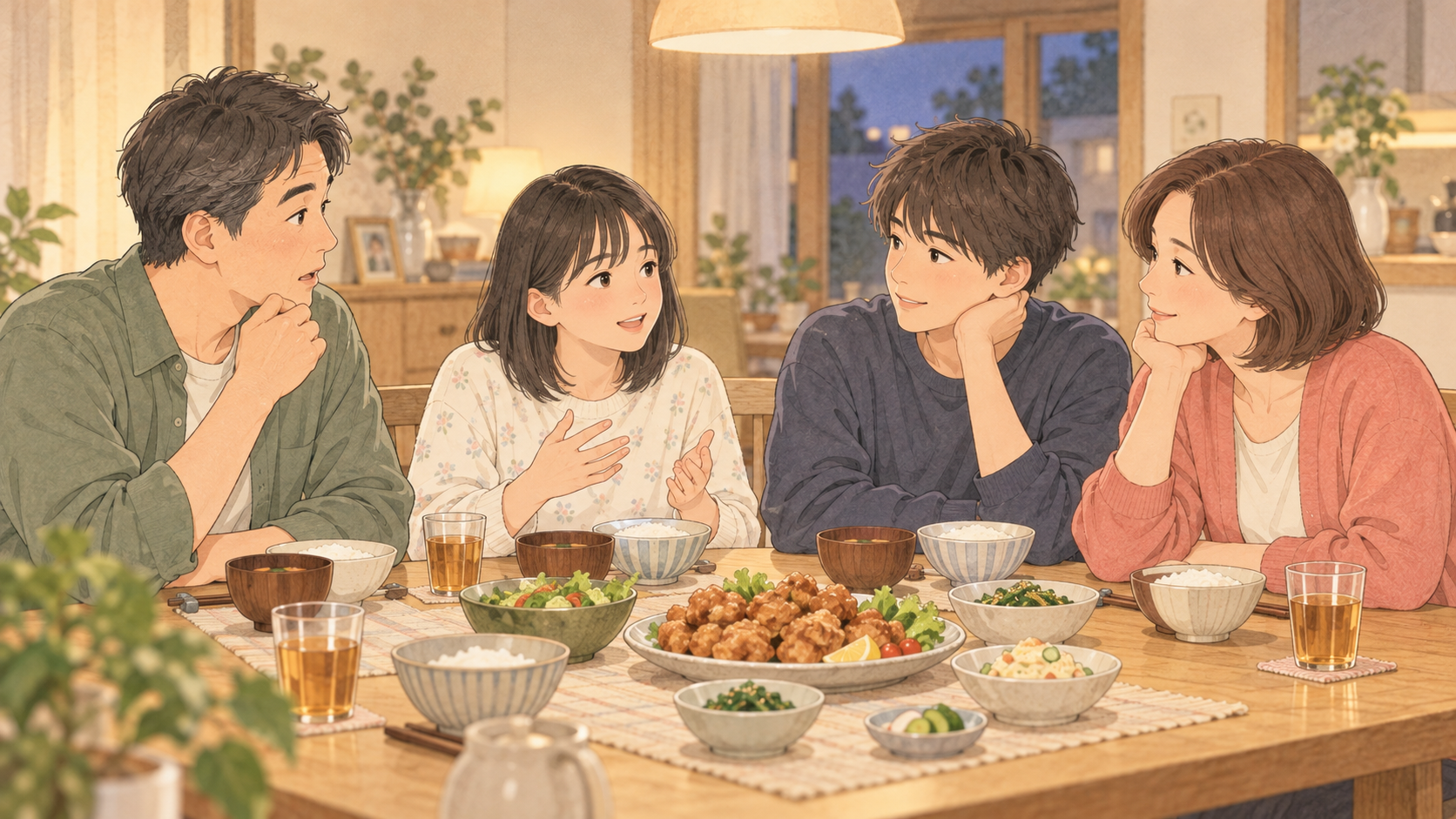 恋愛の話題が出た夕食で家族の話を聞く母親のイラスト