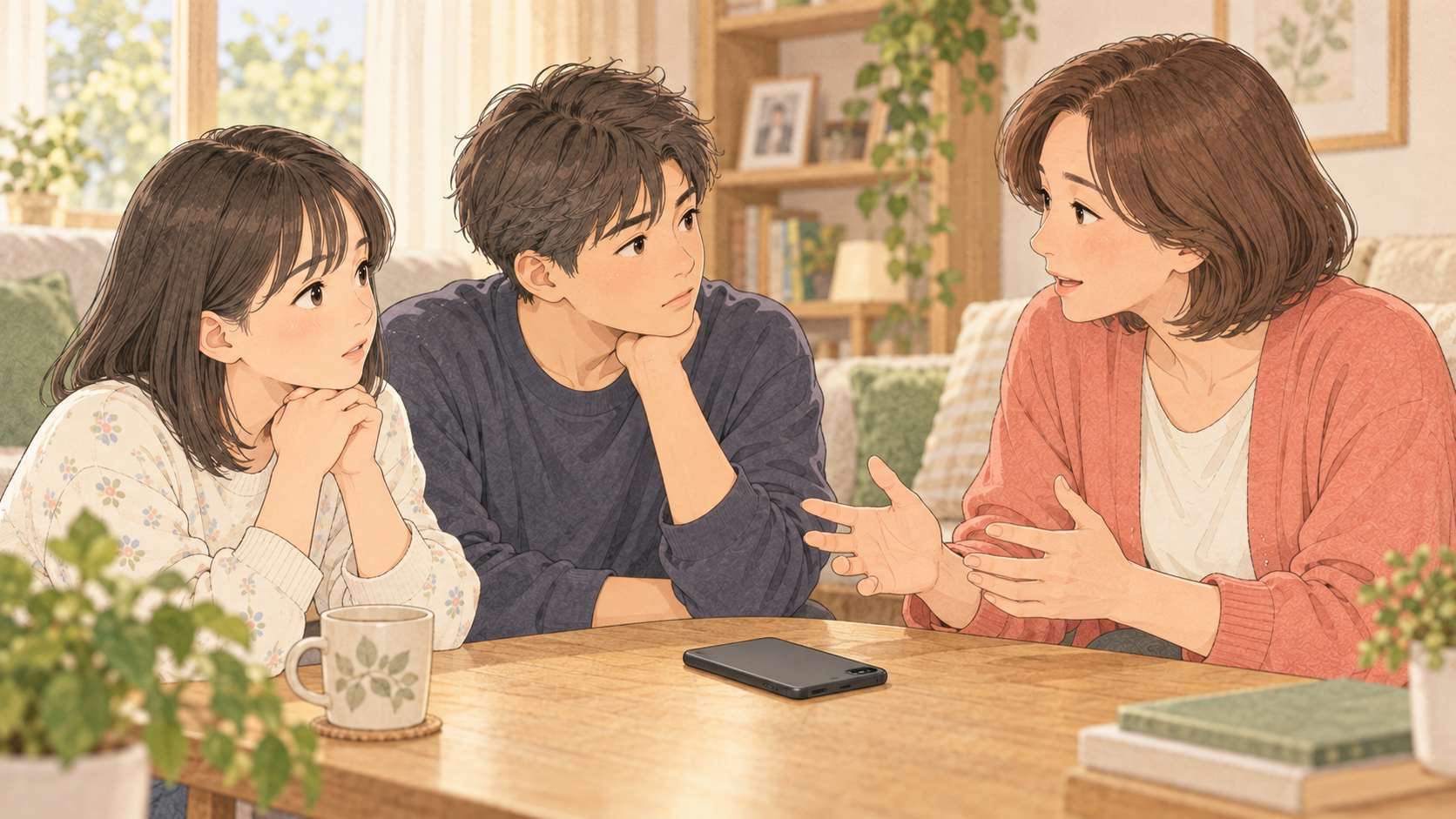 スマホの写真の扱いについて子どもたちと落ち着いて話す母親のイラスト